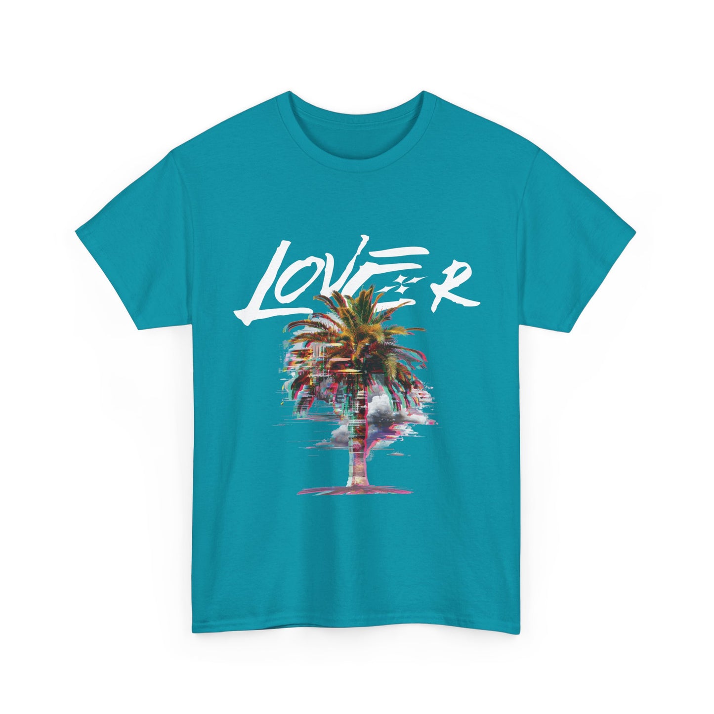 A turquoise t-shirt with a graphic print of palm trees and the word 'lover' in a stylized font, displayed on a white background.
