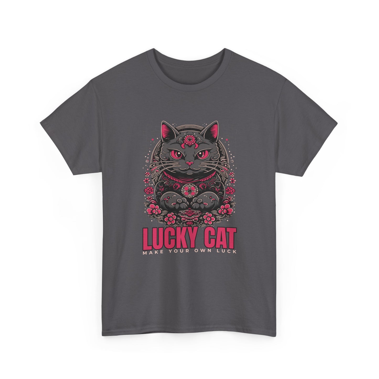 A grey t-shirt with a Japanese Meneki-neko cat graphic and the text 'Lucky Cat' on a white background.