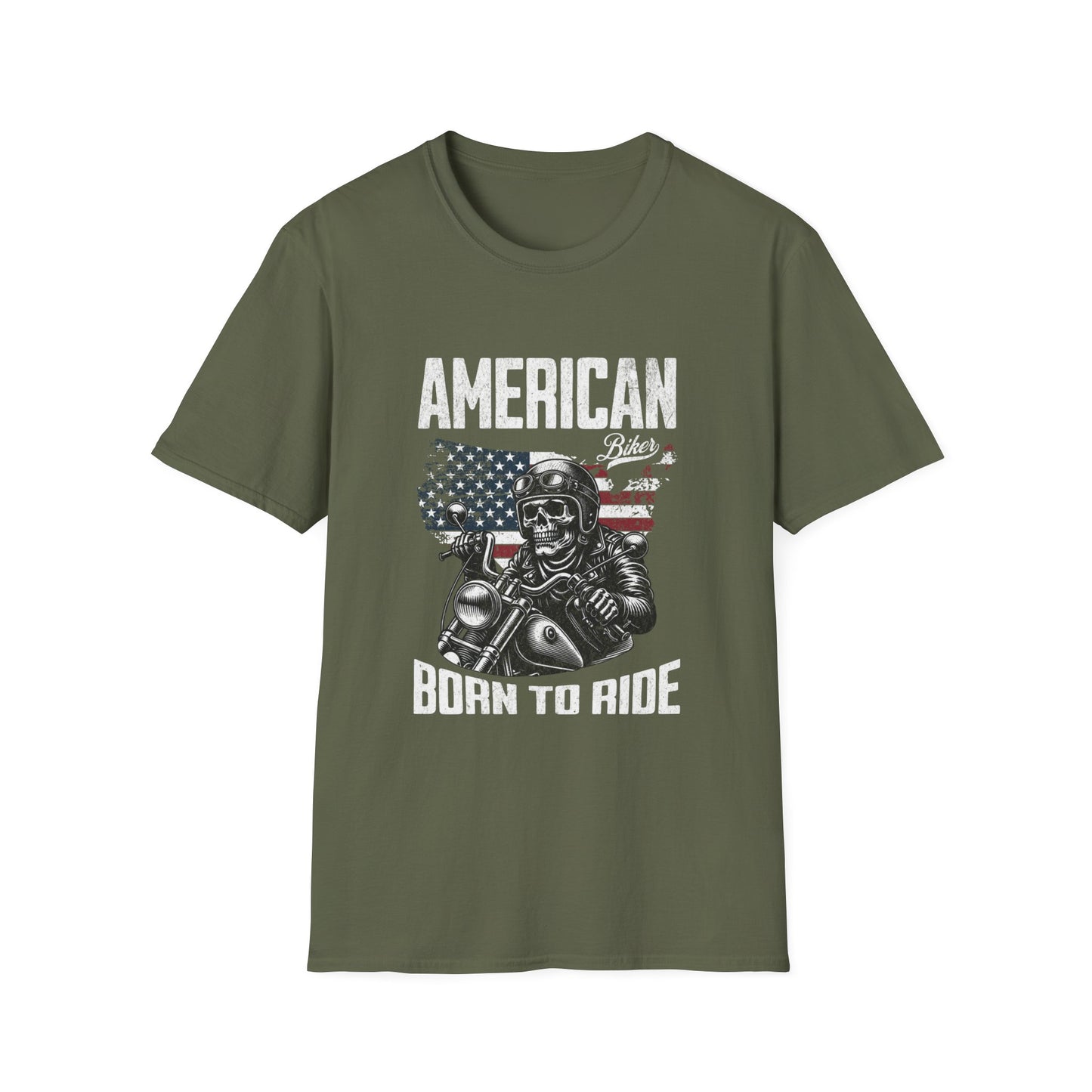 'American Biker' text on a Skull Rider T-shirt Khaki green