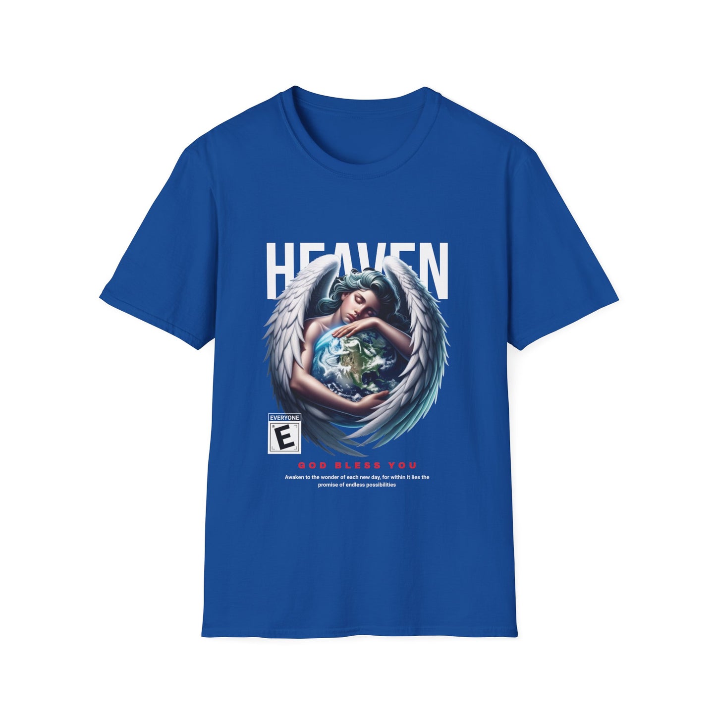 A royal blue t-shirt with a graphic print of an angel and the word 'HEAVEN' on it.