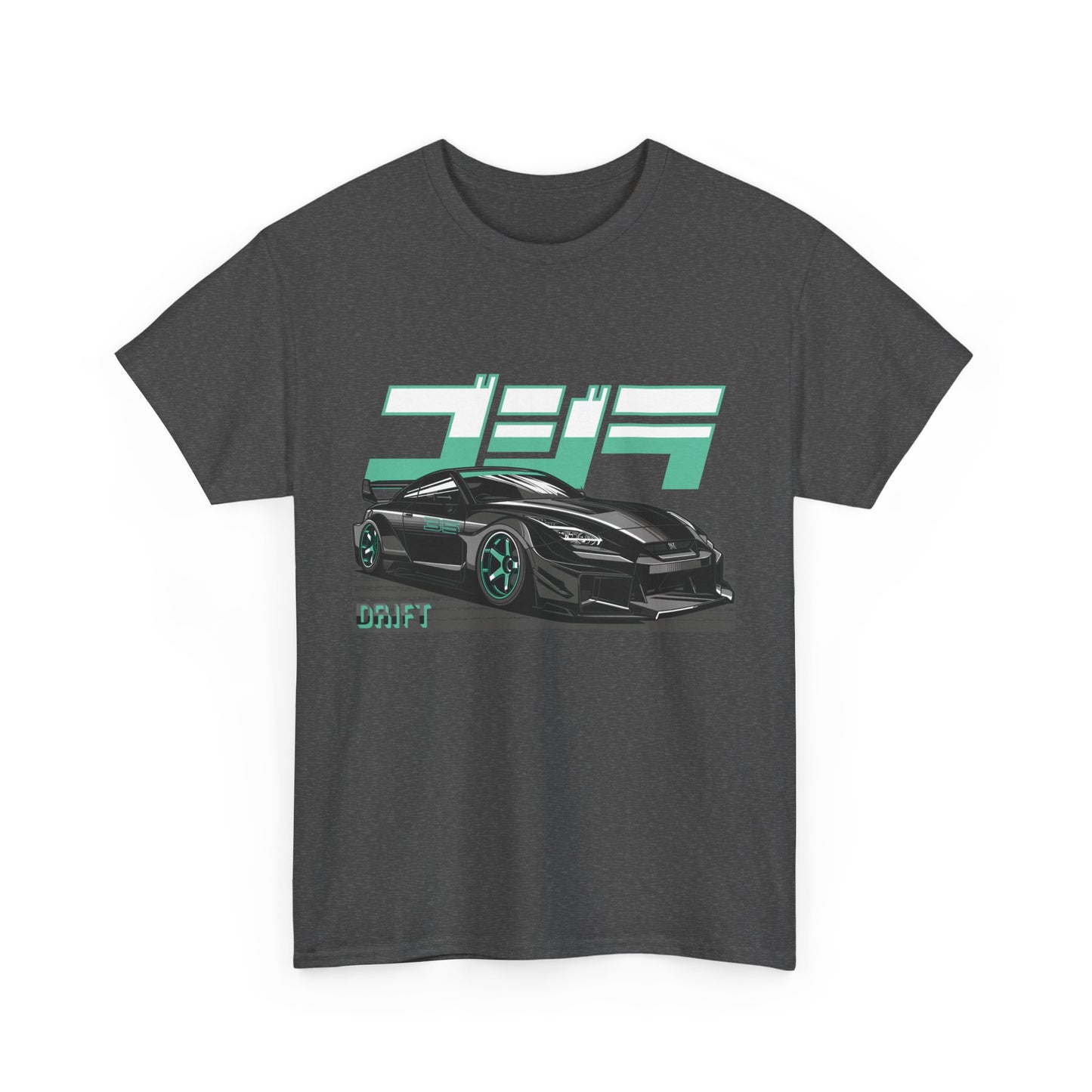 A heather grey graphic tee featuring a drift racing theme with a car and text design