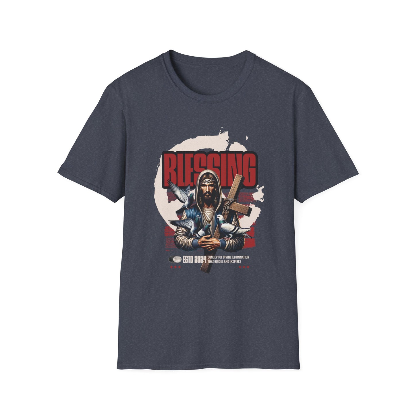 Jesus with a cross 'Blessing' text on a heather navy t-shirt