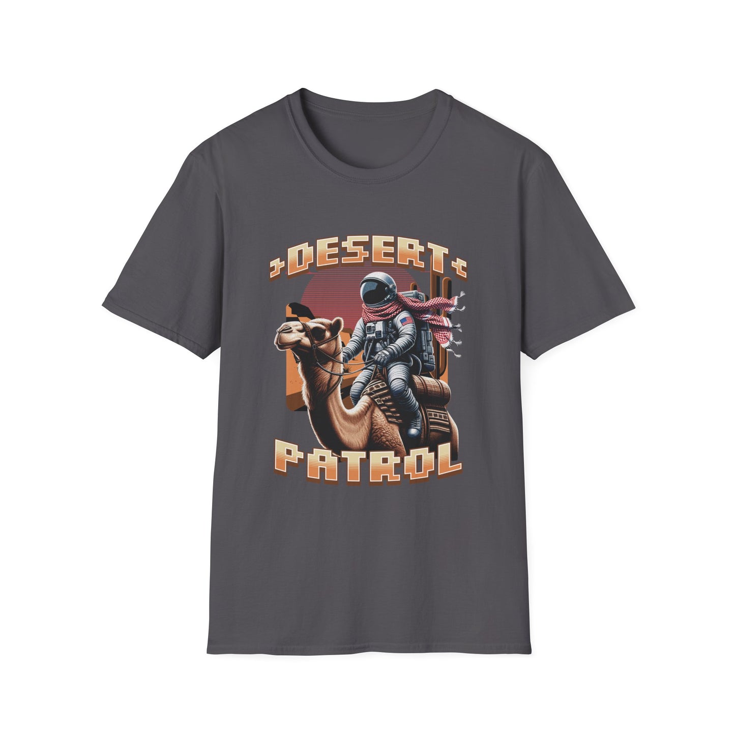 A grey graphic t-shirt featuring an astronaut riding a camel with the text 'DESERT PATROL' below it.