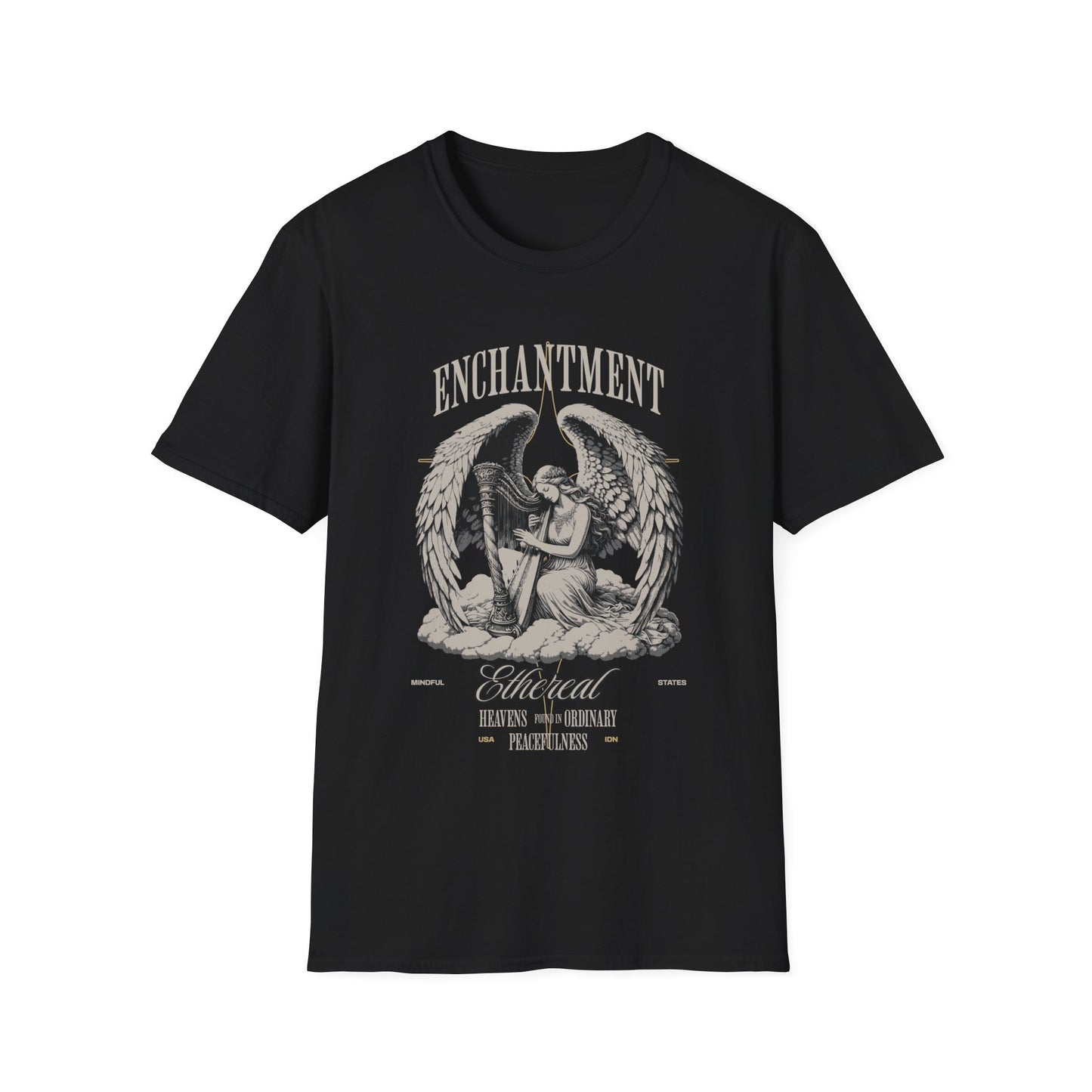 A black unisex t-shirt with a graphic print of an angel on the front, with the words 'Enchantment' .