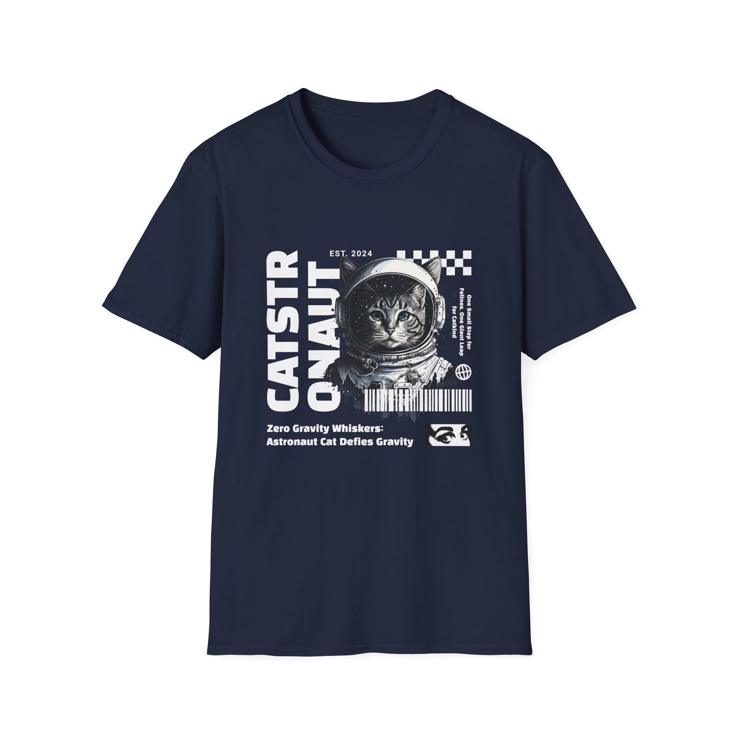 Navy blue t-shirt with a graphic print of a cat wearing a space suit on the front.