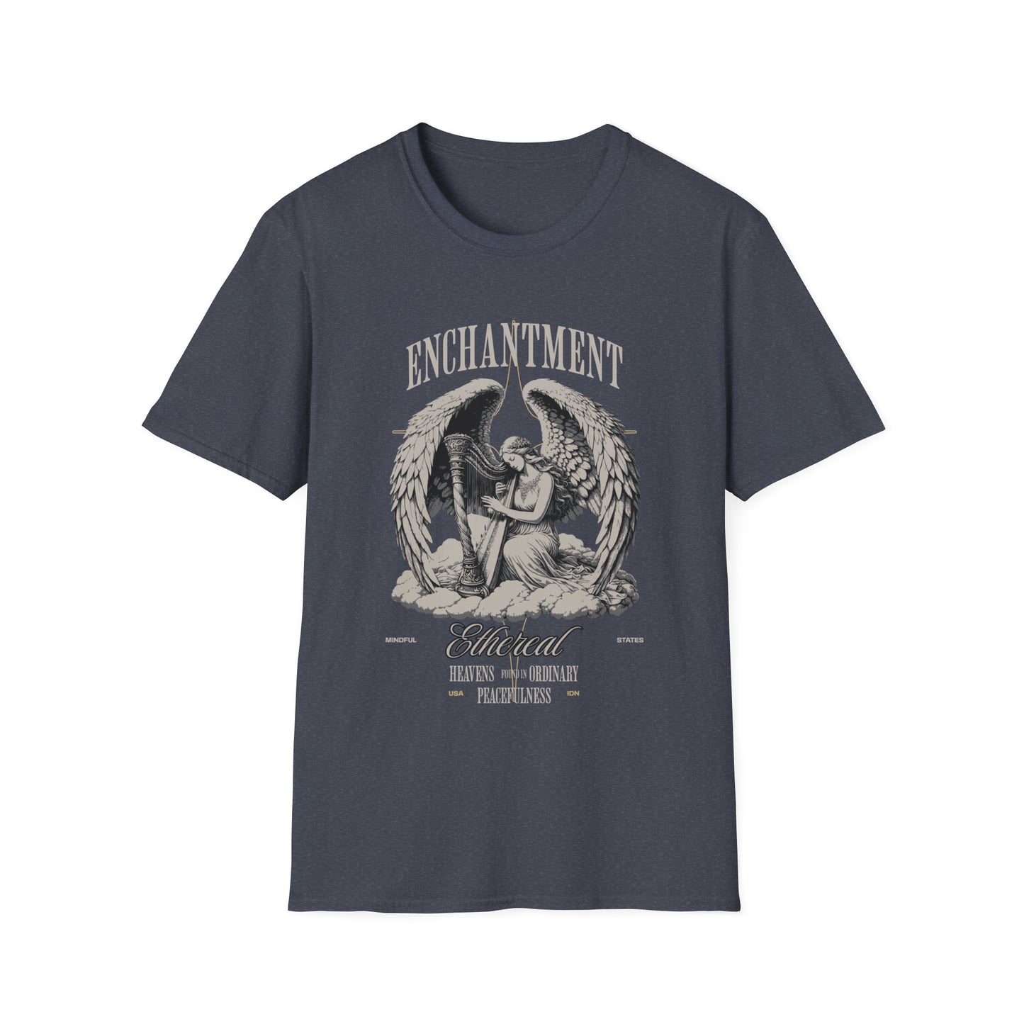 A heather navy unisex t-shirt with a graphic print of an angel on the front, with the words 'Enchantment' .