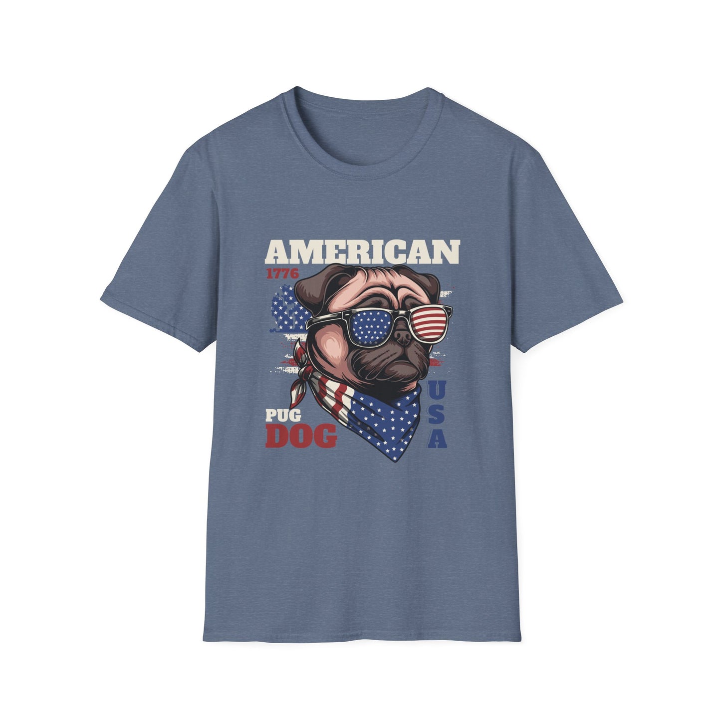 A heather indigo t-shirt with a Pug Dog graphic wearing a red, white, and blue American flag kerchief and sunglasses and text that reads 'American'.