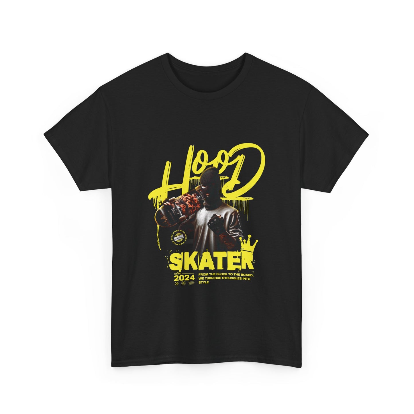 A black graphic t-shirt with a printed design of a masked skater and the text 'hood skater' in stylized fonts, indicating a bold urban style.