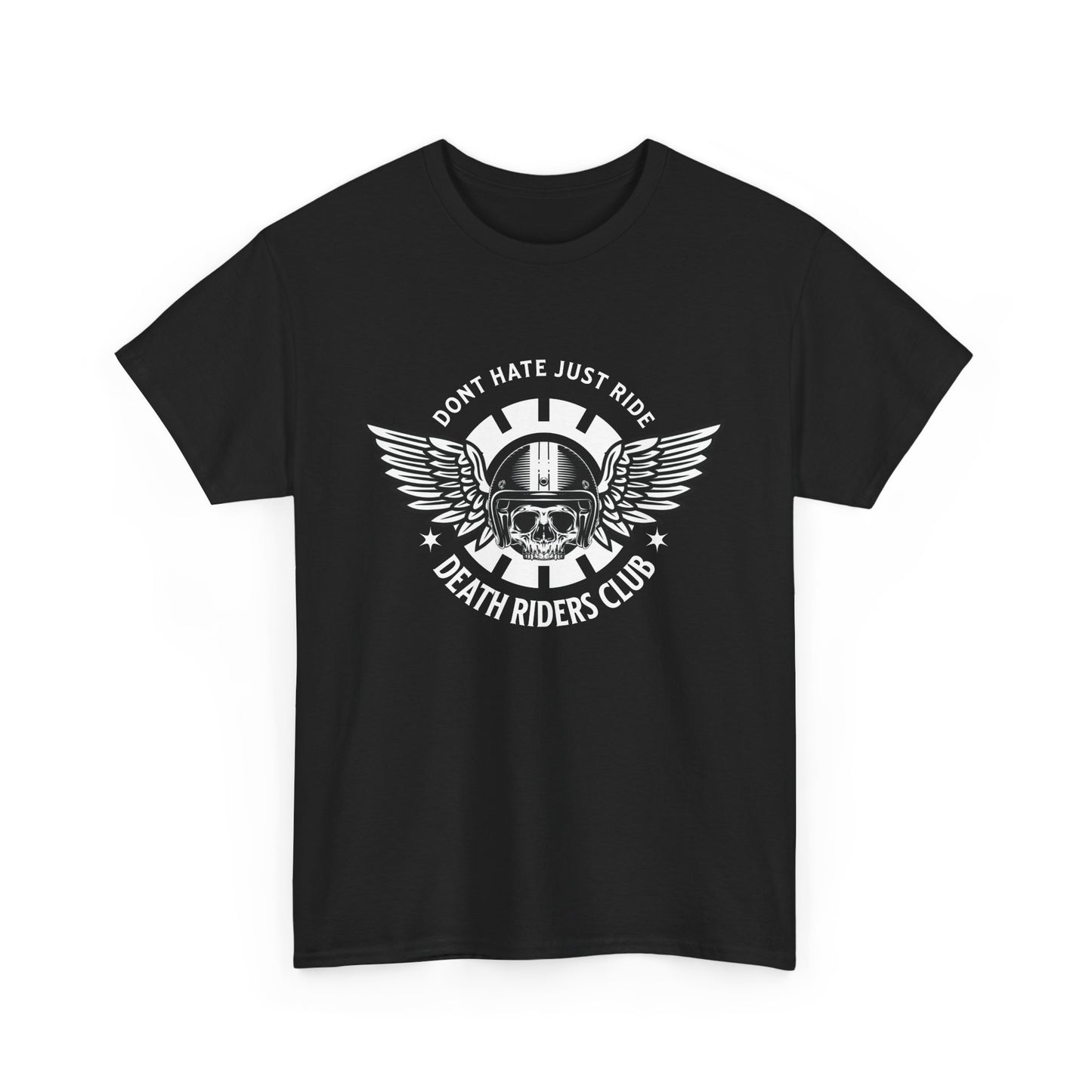 A black t-shirt with a skull with wings logo, and the text 'Death Riders Club' printed on the front.