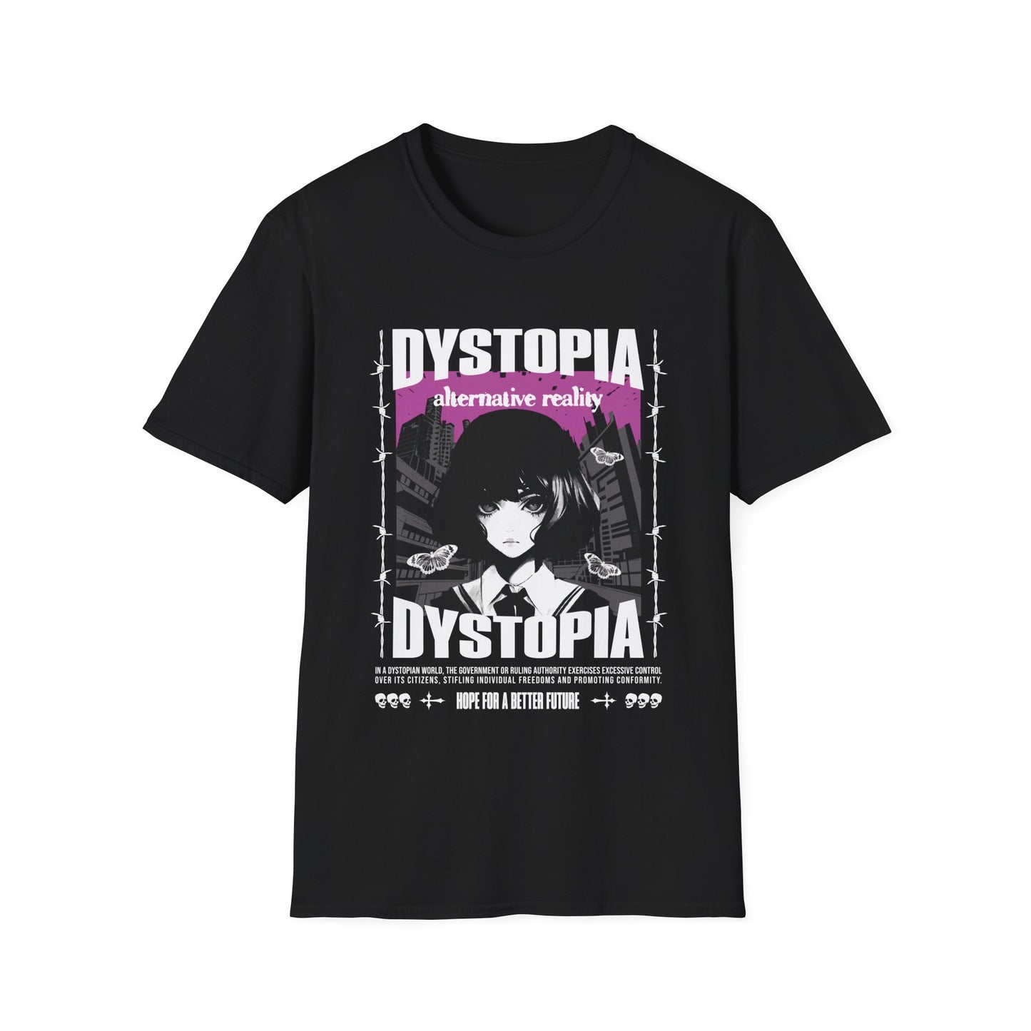 Black graphic t-shirt with anime image and 'Dystopia' text.