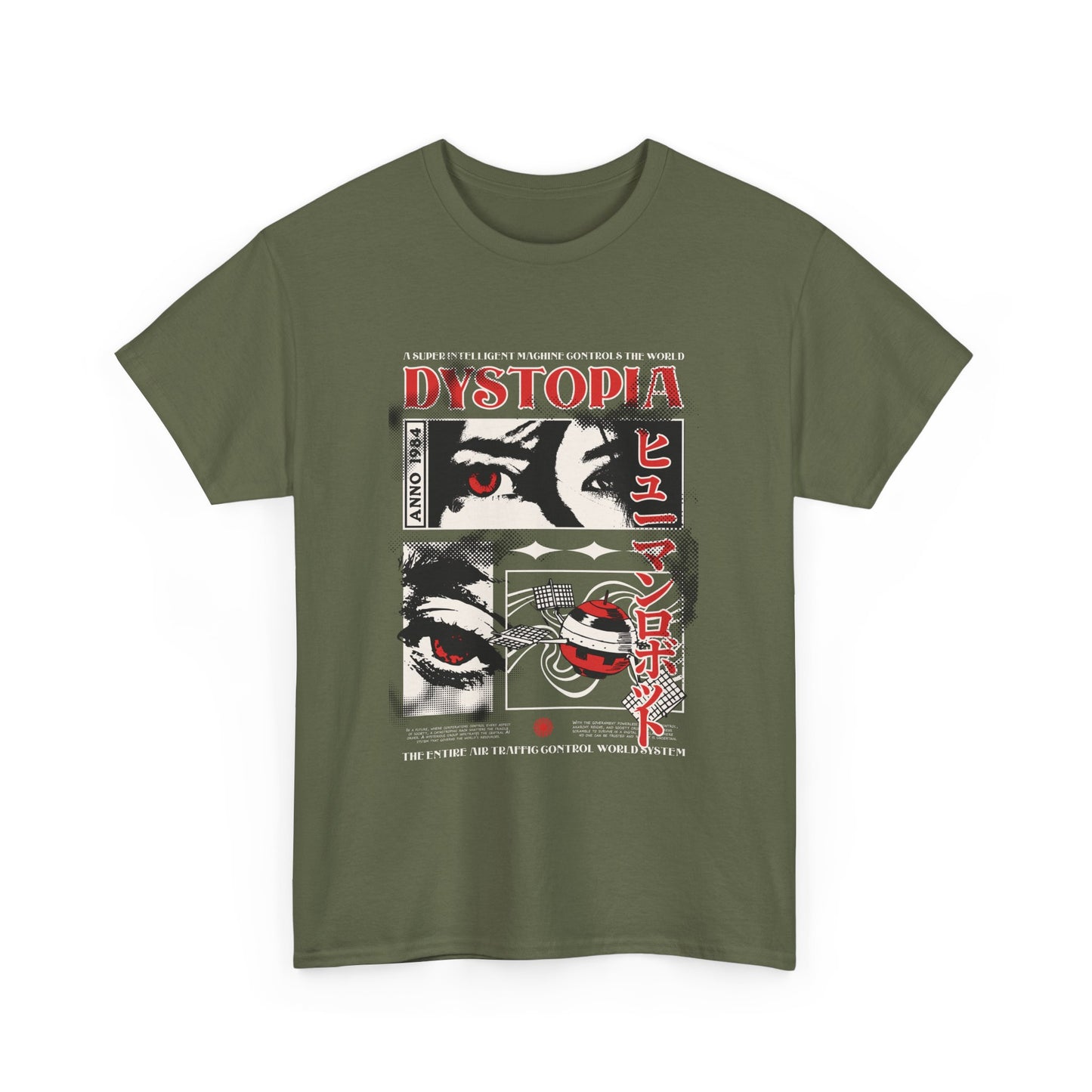 Military green t shirt with graphic text "Dystopia" and Japanese writing.