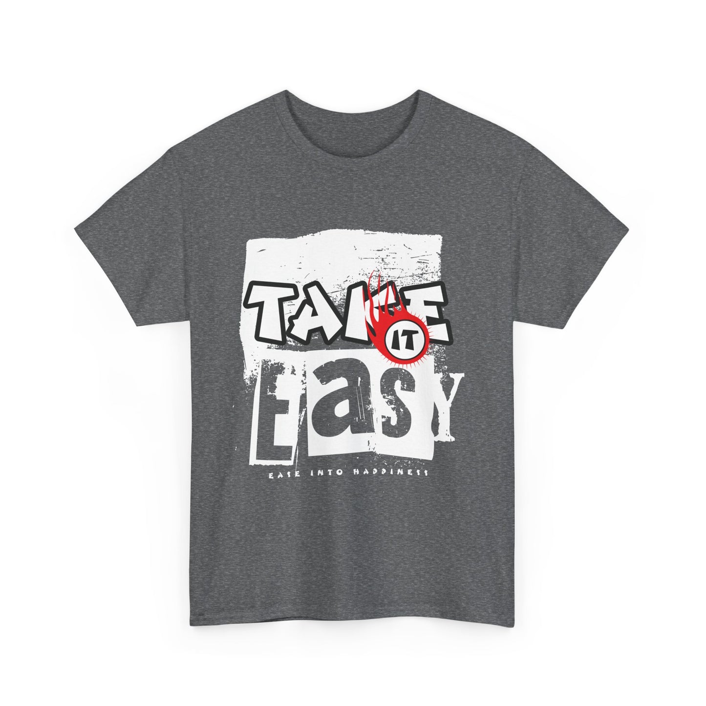 A graphite heather t-shirt with text 'Take it easy' in grunge style.