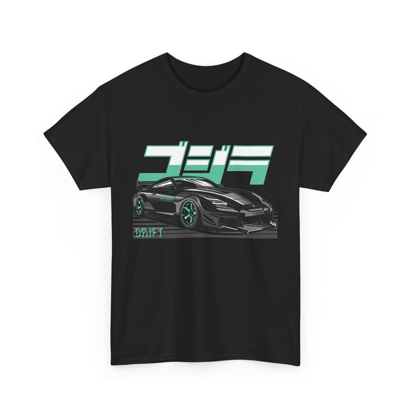 A black graphic tee featuring a drift racing theme with a car and text design.
