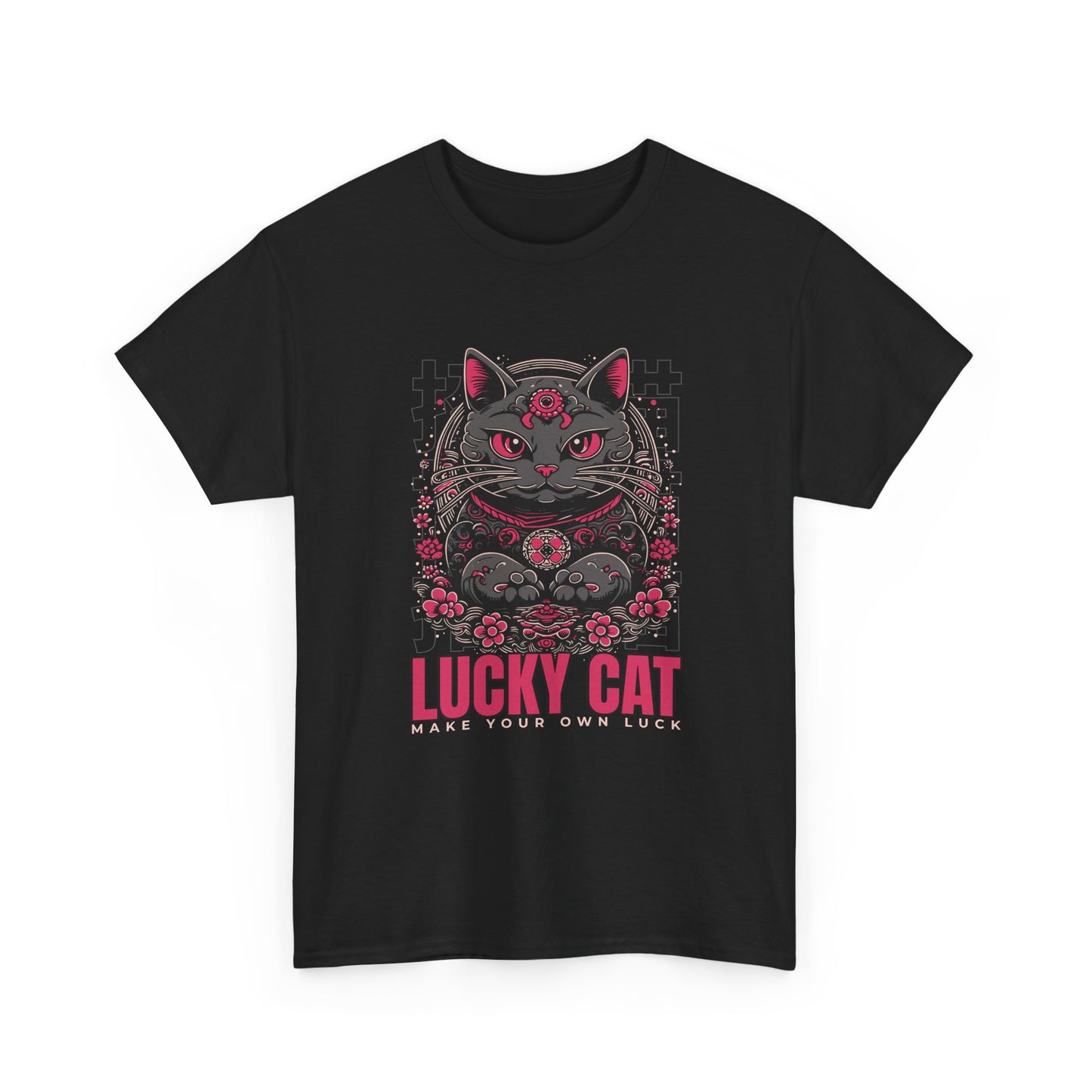 A black t-shirt with a Japanese Meneki-neko cat graphic and the text 'Lucky Cat' on a white background.