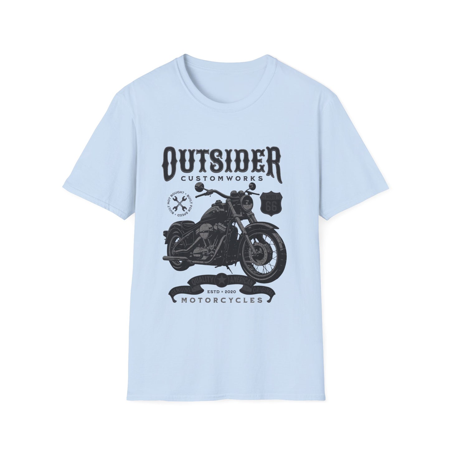 A light blue t-shirt with a motorcycle graphic and text that reads "Outsider Custom Works"