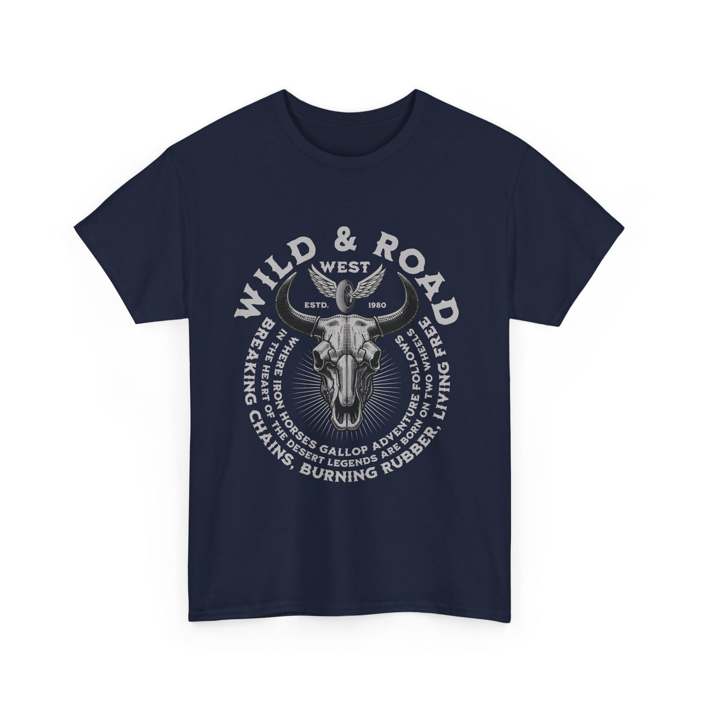 A navy t-shirt with a front graphic that reads 'Wild & Road' and features a bull skull design, indicating a rugged, adventurous theme.
