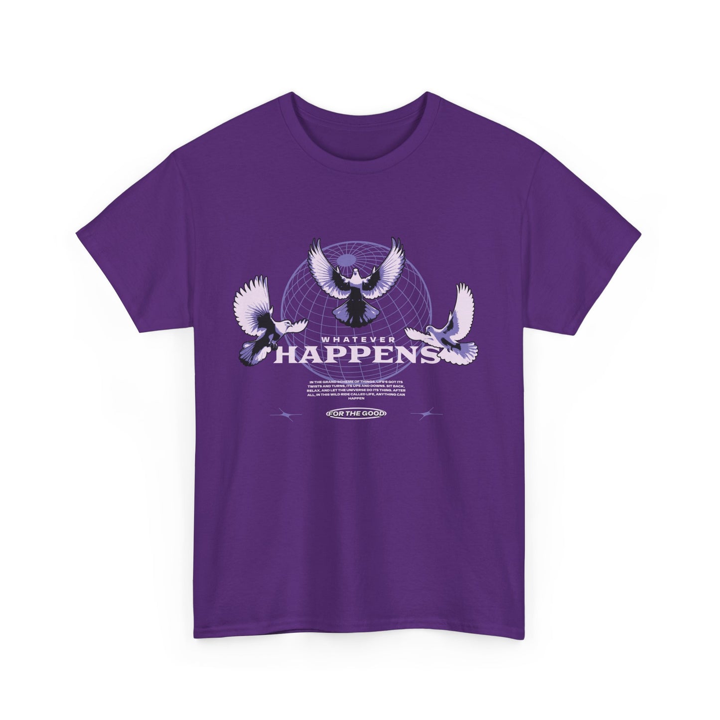 A purple graphic t-shirt with doves in flight around a geometric globe and 'Whatever Happens' text.