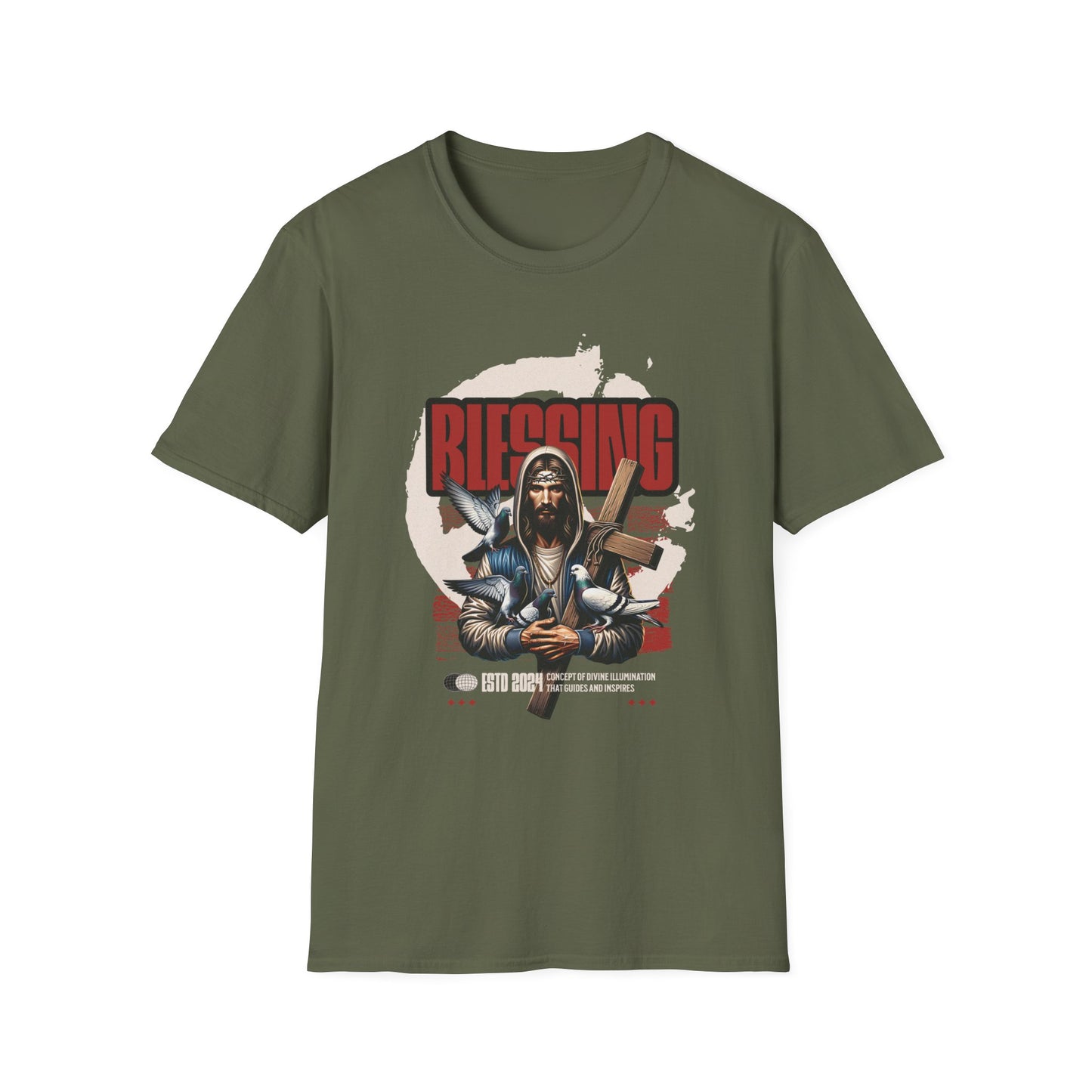 Jesus with a cross 'Blessing' text on a military green t-shirt