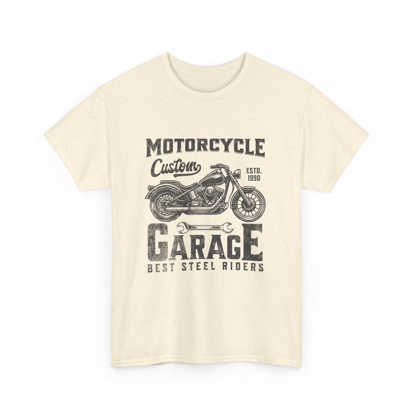 natural beige t-shirt with a motorcycle graphic that says 'Motorcycle Garage'