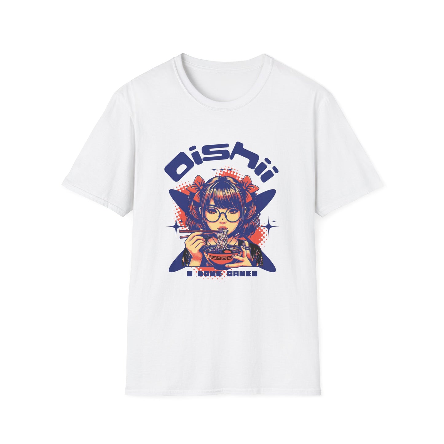 White t-shirt with graphic design of a character eating ramen and 'Oishii' text on a white background