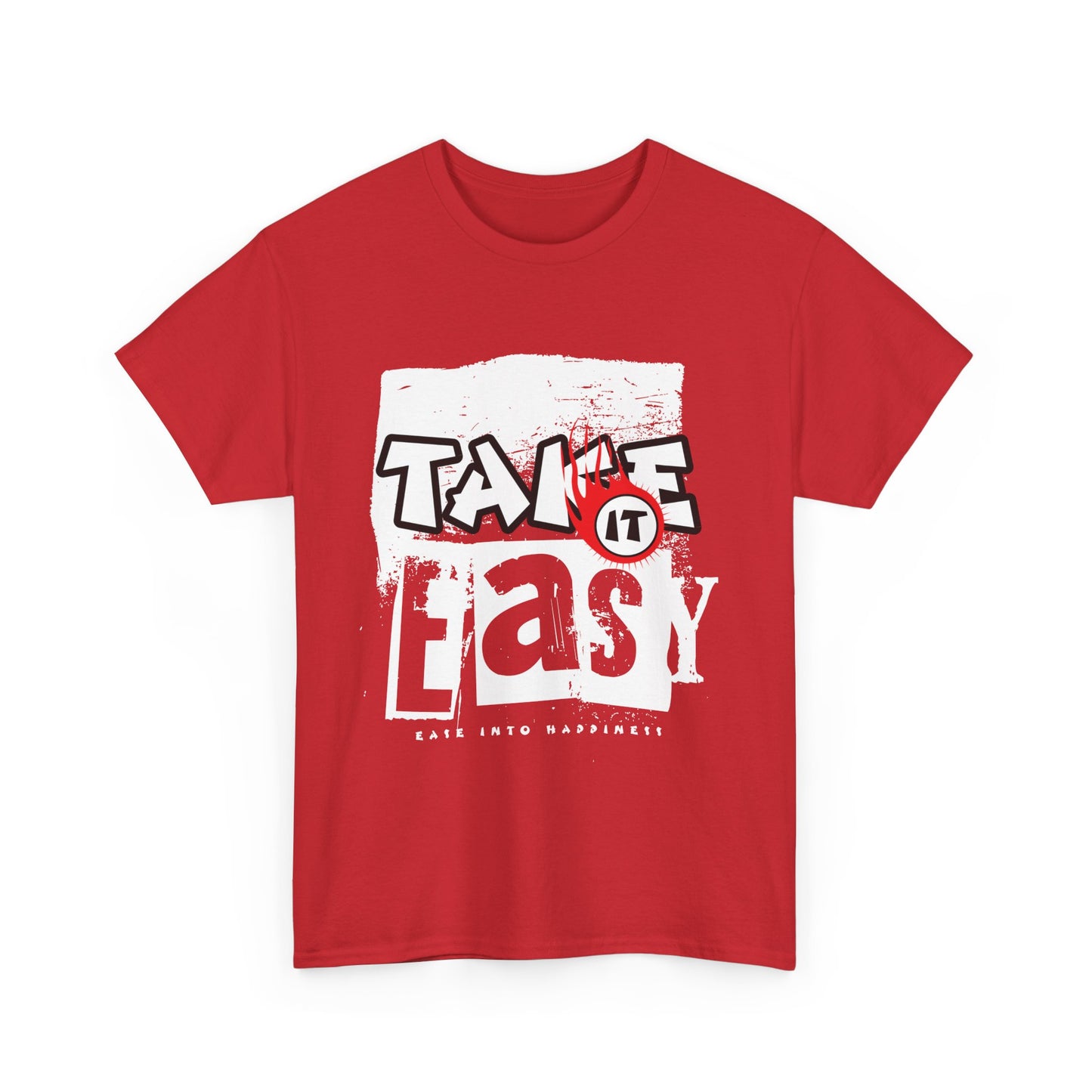A red graphic tee with the text 'Take it Easy' and a slogan 'Ease into Happiness' printed on it.