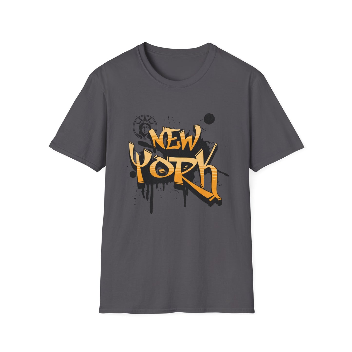 A dark gray t-shirt with the text 'NEW YORK' printed in a stylized font, accompanied by a graphic of a cityscape.