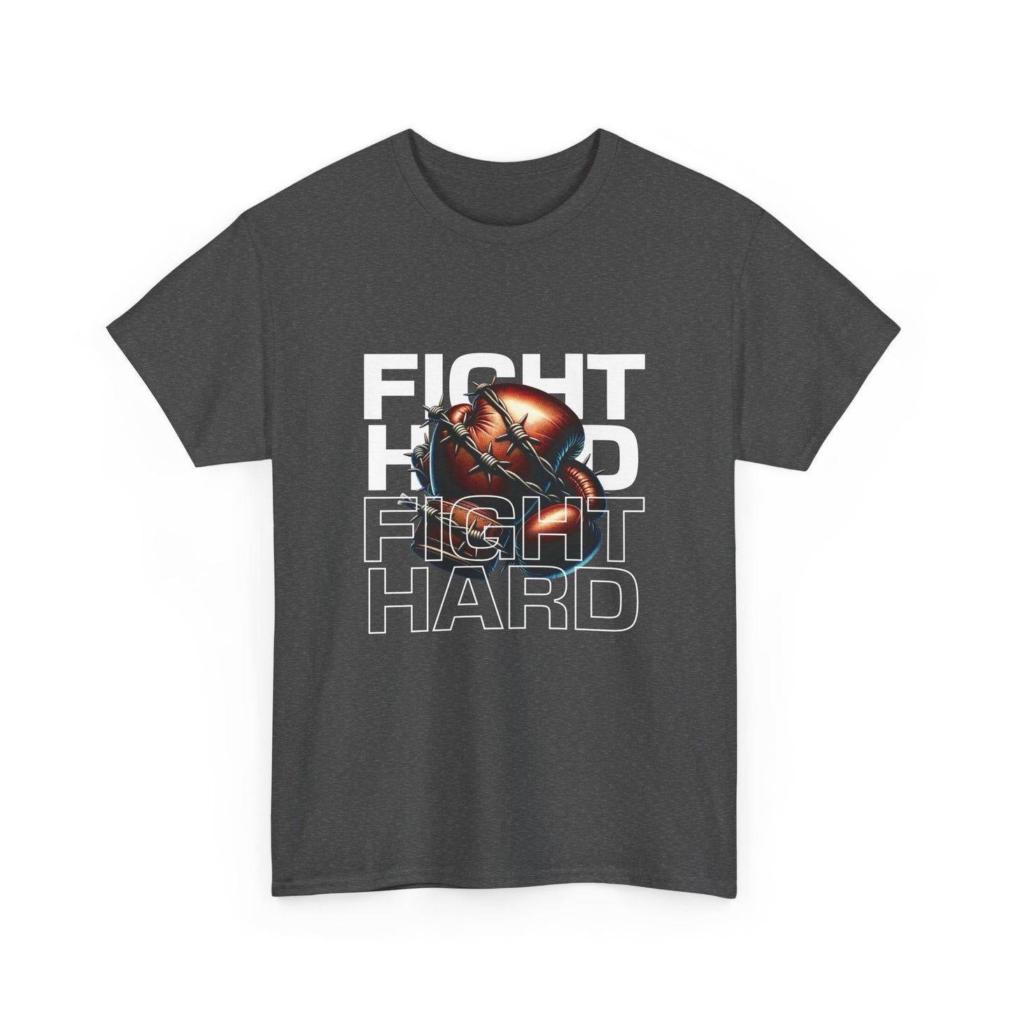 A heather grey Gildan cotton t-shirt with the text 'Fight Hard' and a graphic of a boxing glove and heart.
