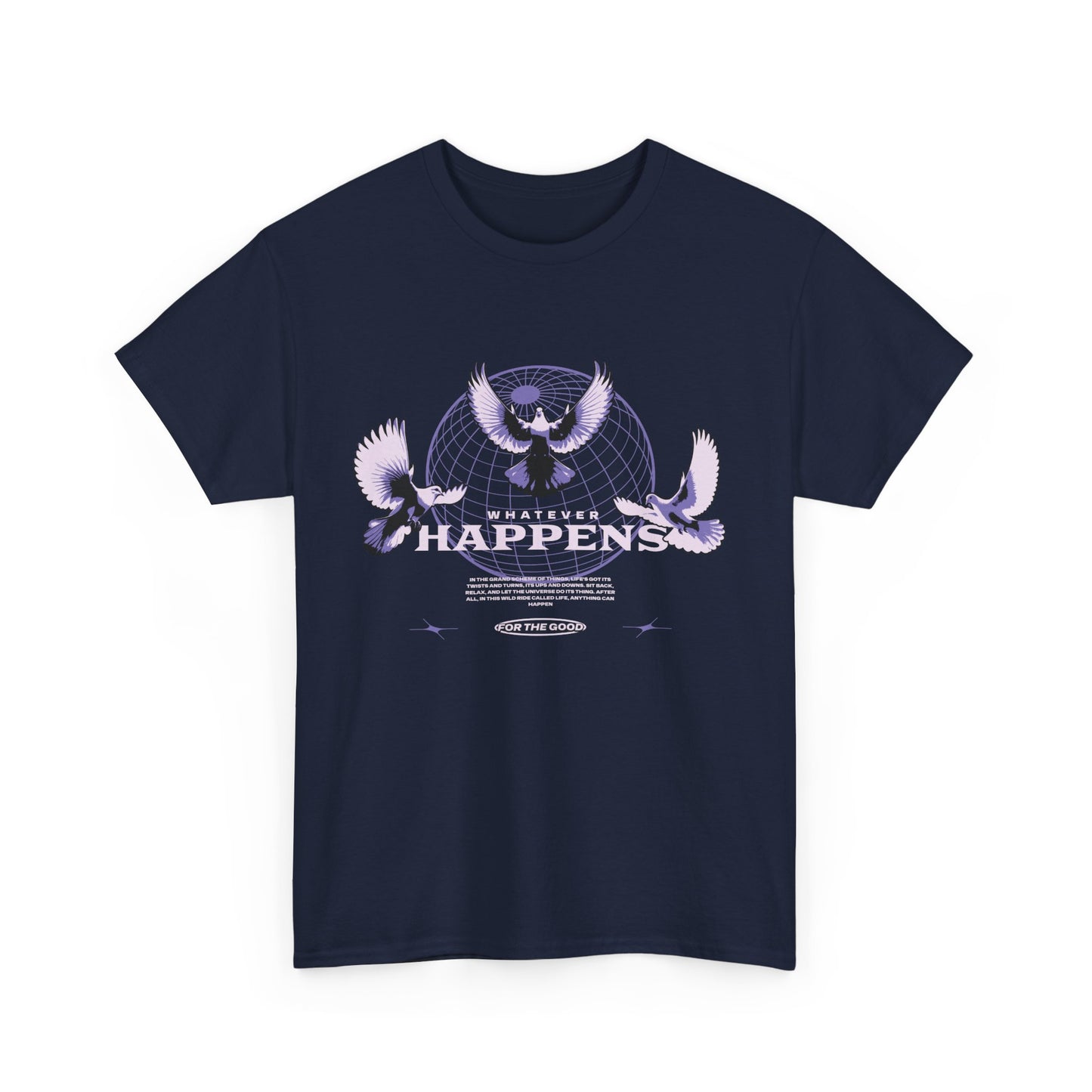 A navy graphic t-shirt with doves in flight around a geometric globe and 'Whatever Happens' text.