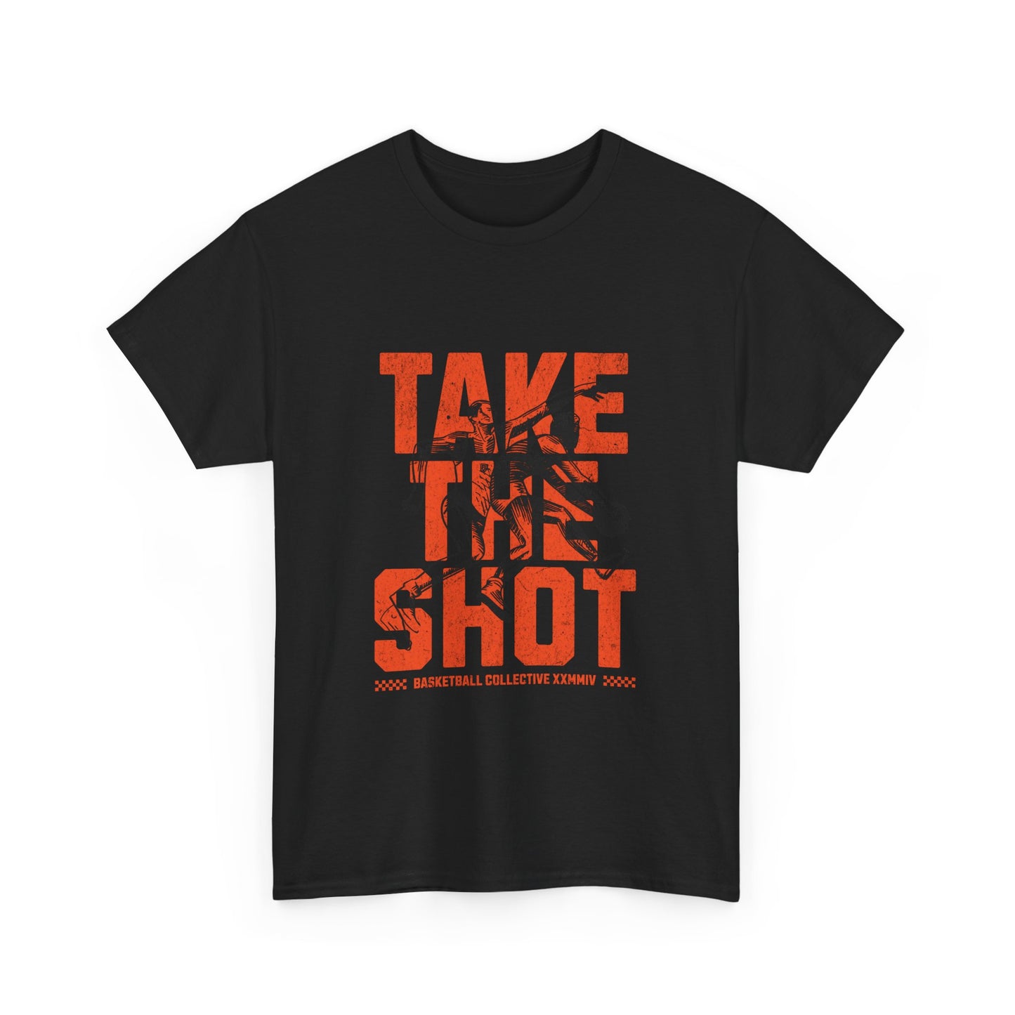 A black graphic t-shirt with the text 'Take the Shot' and a basketball graphic design.