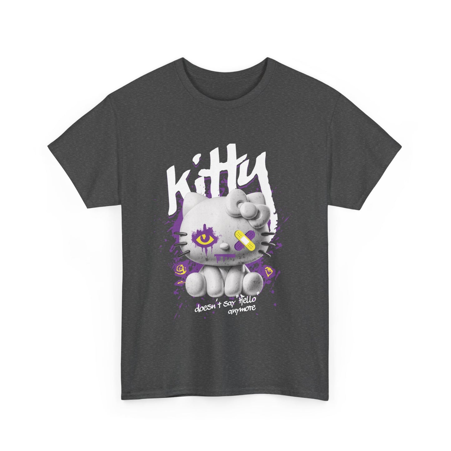 A heather grey graphic t-shirt with a cartoon image of a cat character named 'Kitty' with a bold text label above it.