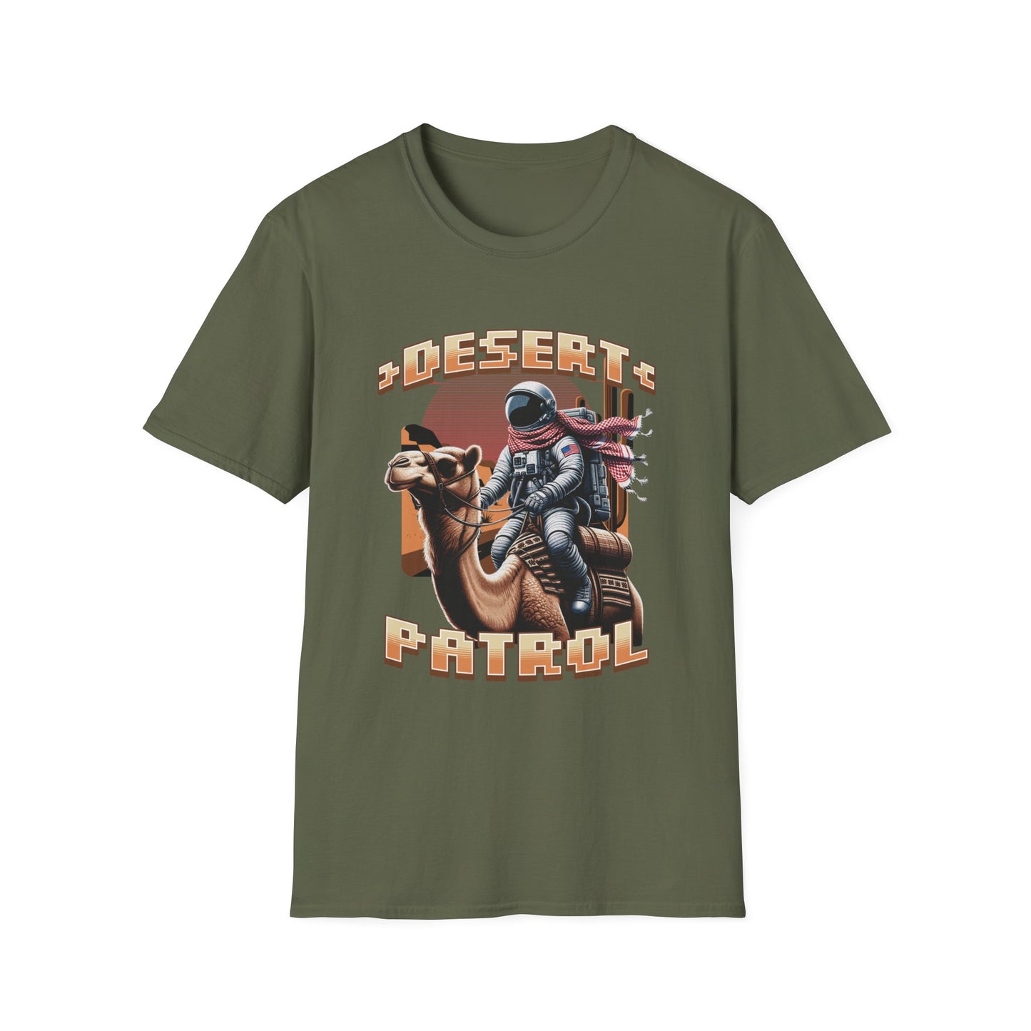 A khaki green graphic t-shirt featuring an astronaut riding a camel with the text 'DESERT PATROL' below it.