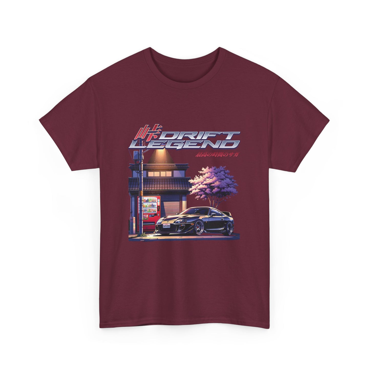 A maroon t-shirt with a graphic print of a racecar on a street corner under a tree, with the text 'DRIFT LEGEND' .