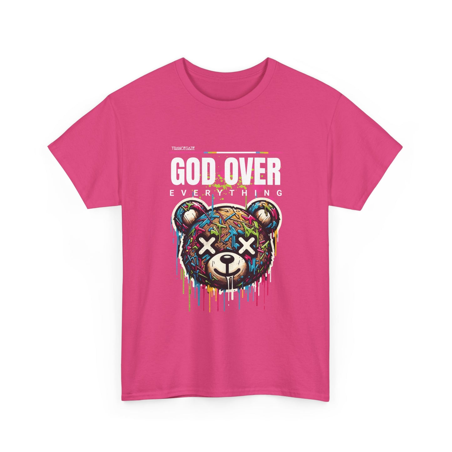 A hot pink t-shirt with a colorful graphic of a bear and the text 'GOD OVER EVERYTHING' on the front.