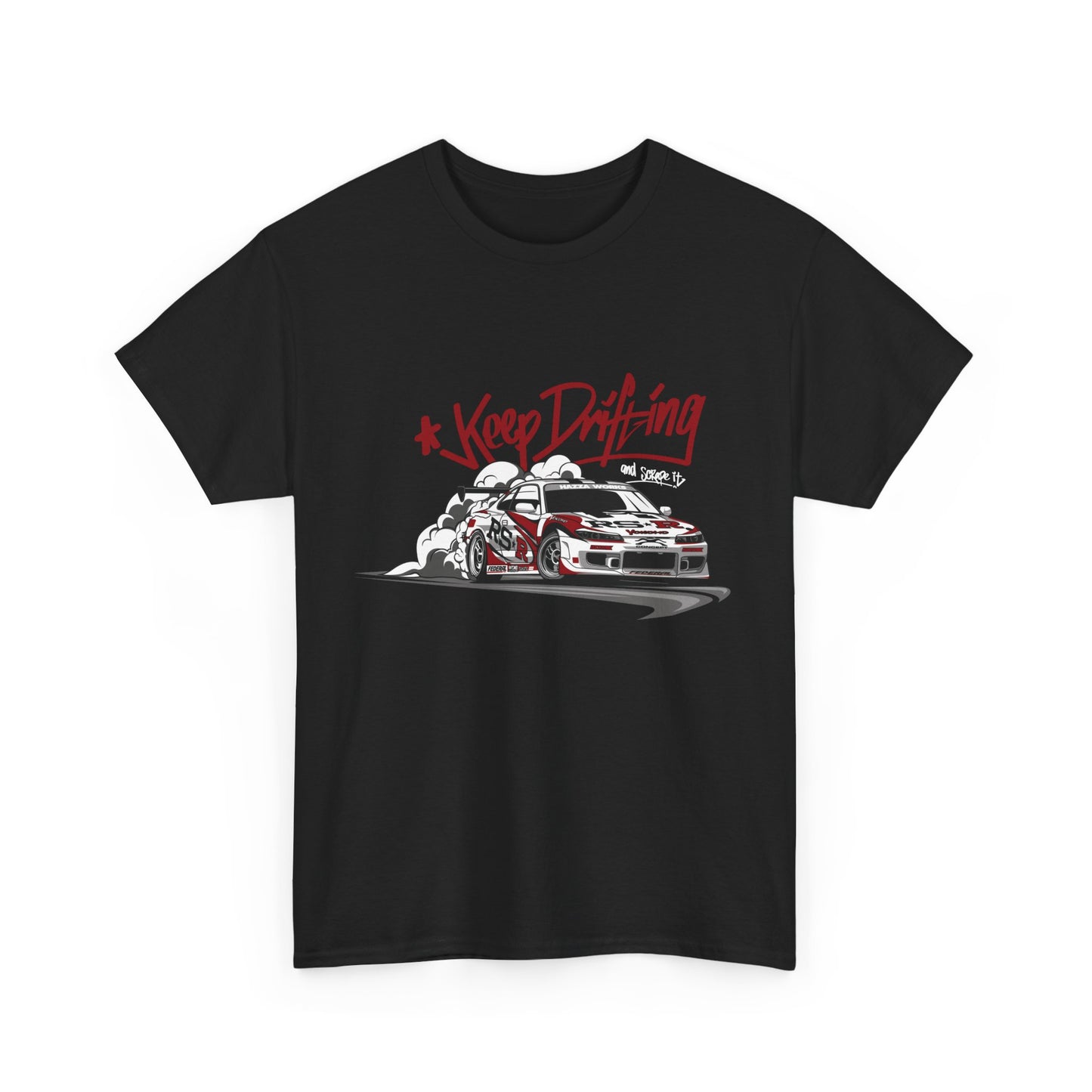 A black t-shirt with a graphic print of a car and the text 'Keep Drifting' in red and white.