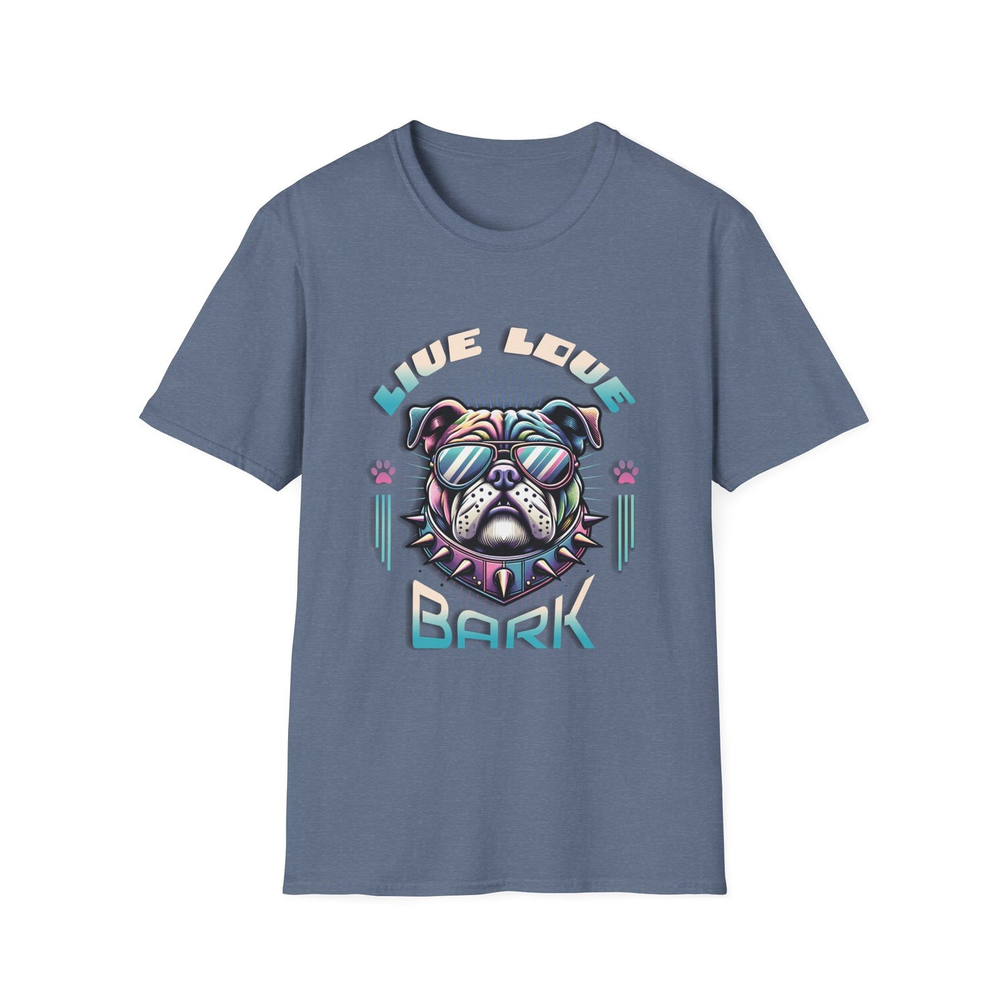 Indigo t-shirt with bulldog graphic "Live, Love, Bark" text.