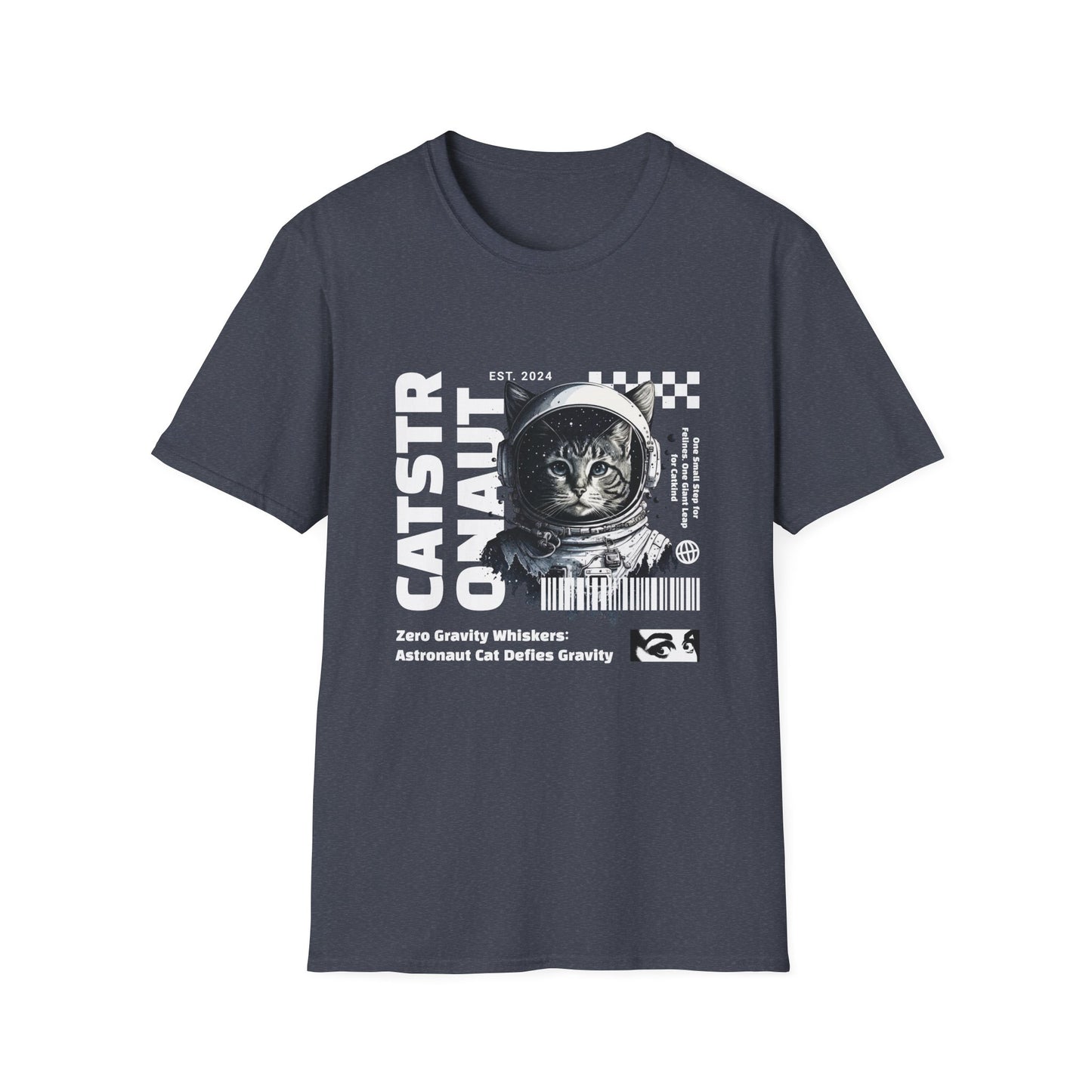 A heather navy t-shirt with a graphic print of a cat wearing a space suit on the front.