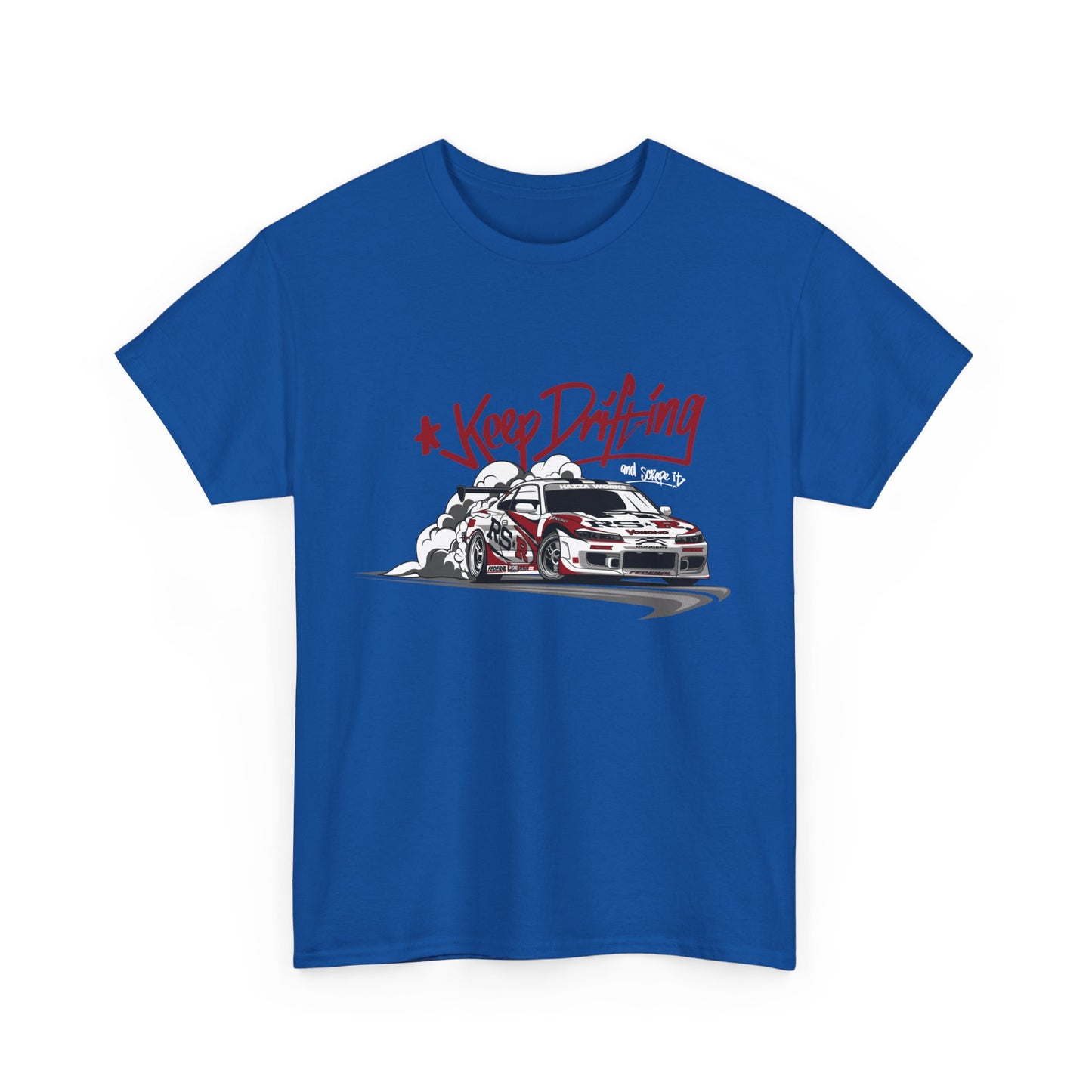 A royal blue t-shirt with the text 'Keep Drifting' and a graphic of a car drifting on a street.