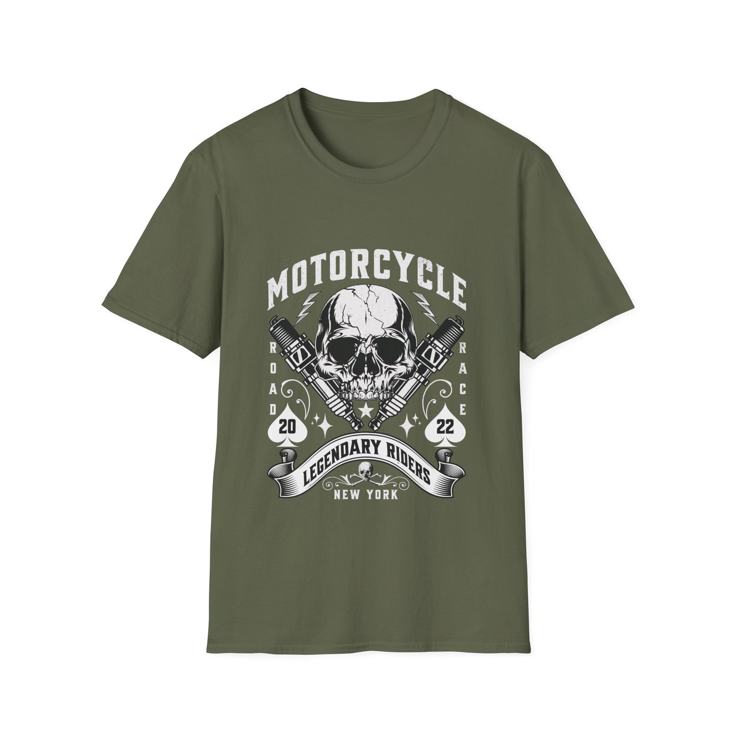 A khaki olive green graphic tee with a vintage biker-themed design, featuring a skull, spark plugs, playing cards, and the text 'MOTORCYCLE LEGENDARY RIDERS NEW YORK'.