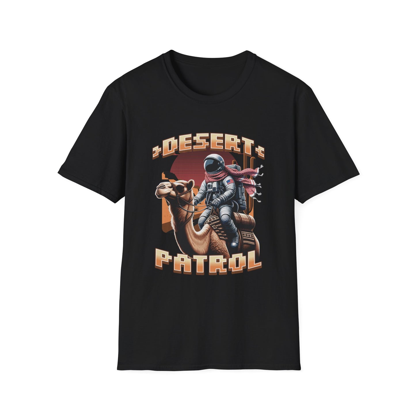 A black graphic t-shirt featuring an astronaut riding a camel with the text 'DESERT PATROL' below it.