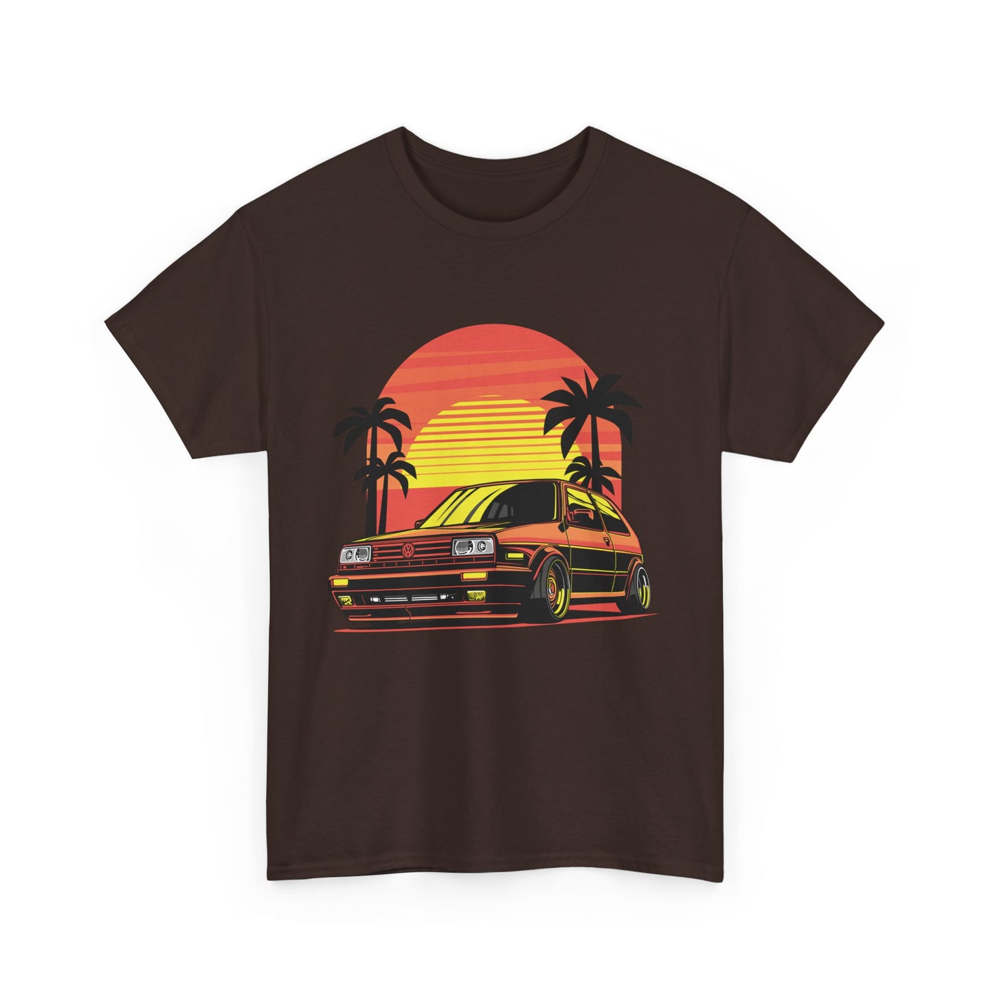 A brown t-shirt featuring a graphic print of a classic car drifting under a sunset with palm trees in the background.