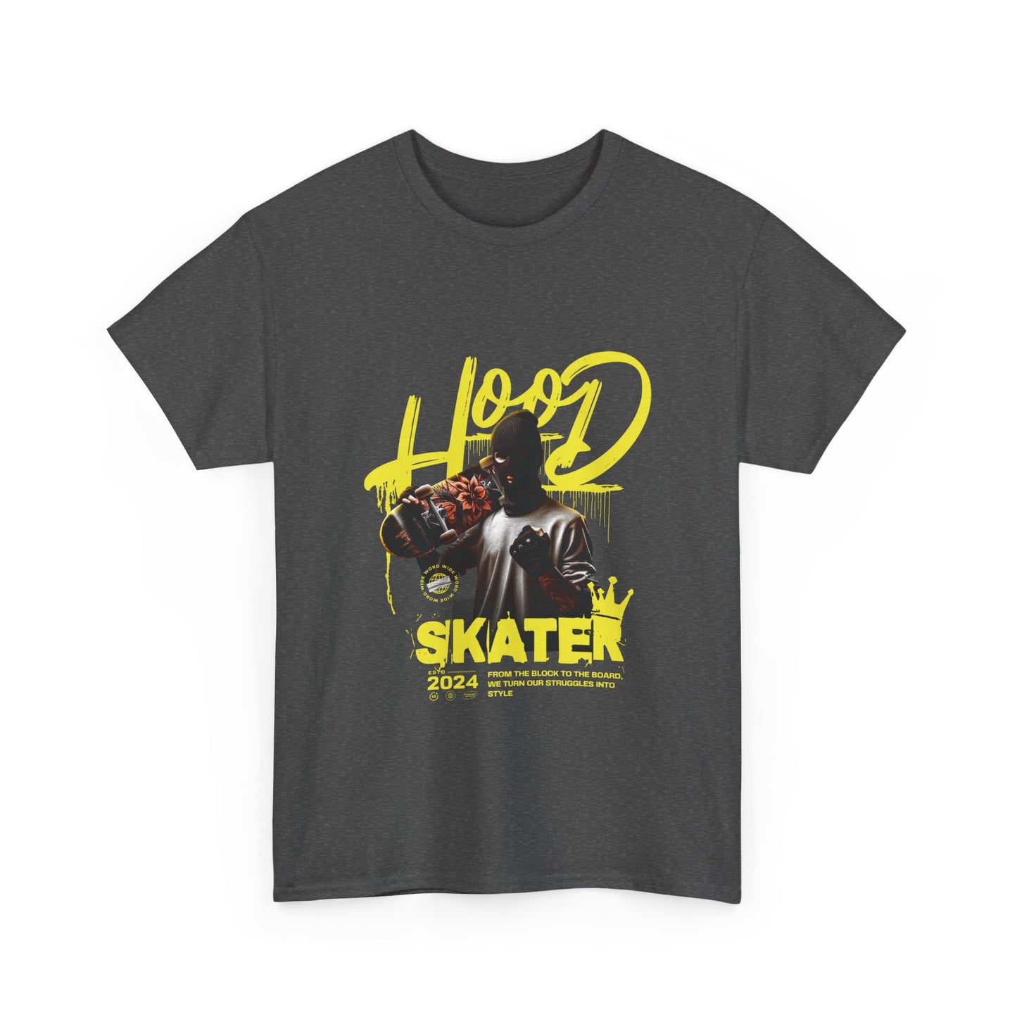 A heather grey graphic t-shirt with a printed design of a masked skater and the text 'hood skater' in stylized fonts, indicating a bold urban style.