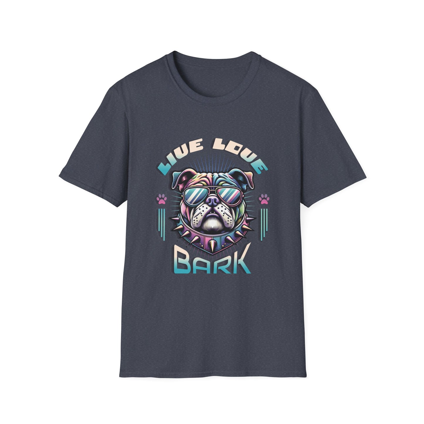 Heather navy t-shirt with bulldog graphic "Live, Love, Bark" text.