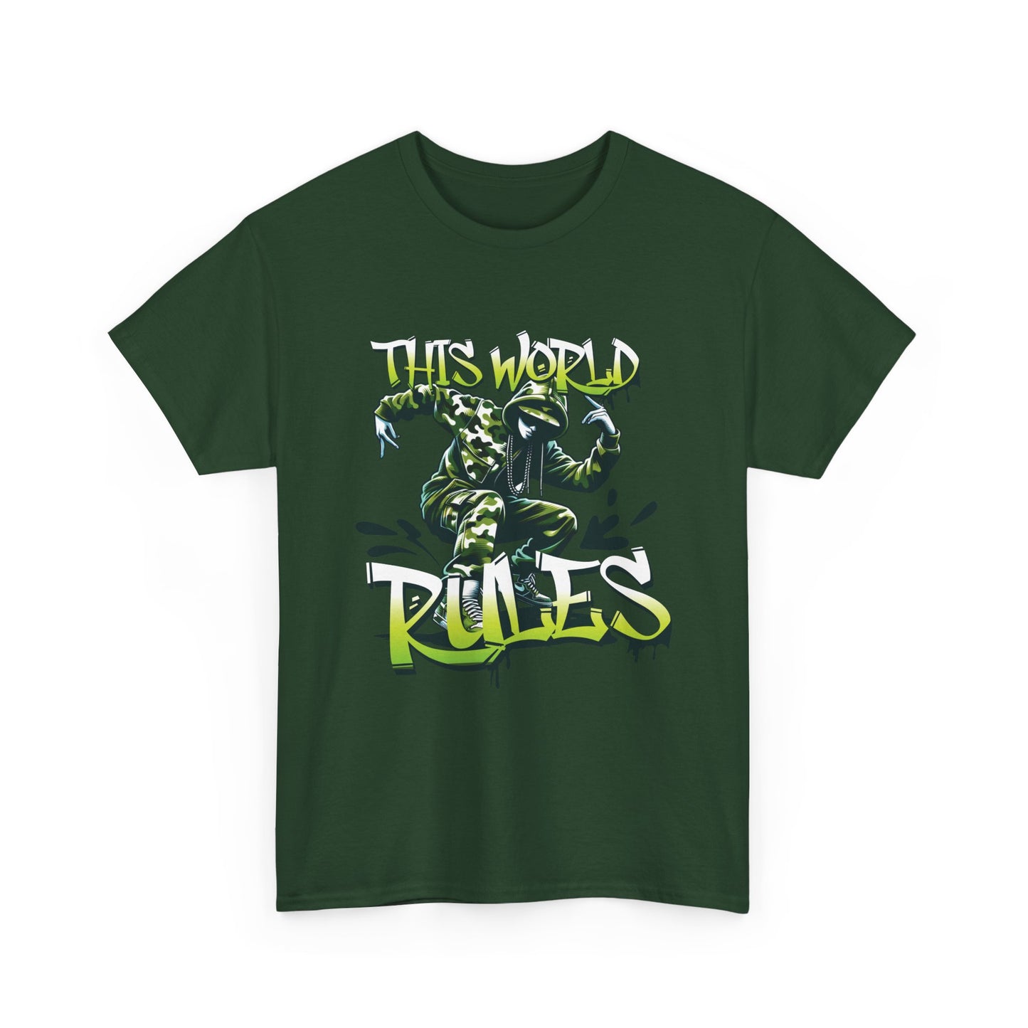 A forest green t-shirt with a breakdancer graphic and 'This World Rules' text.