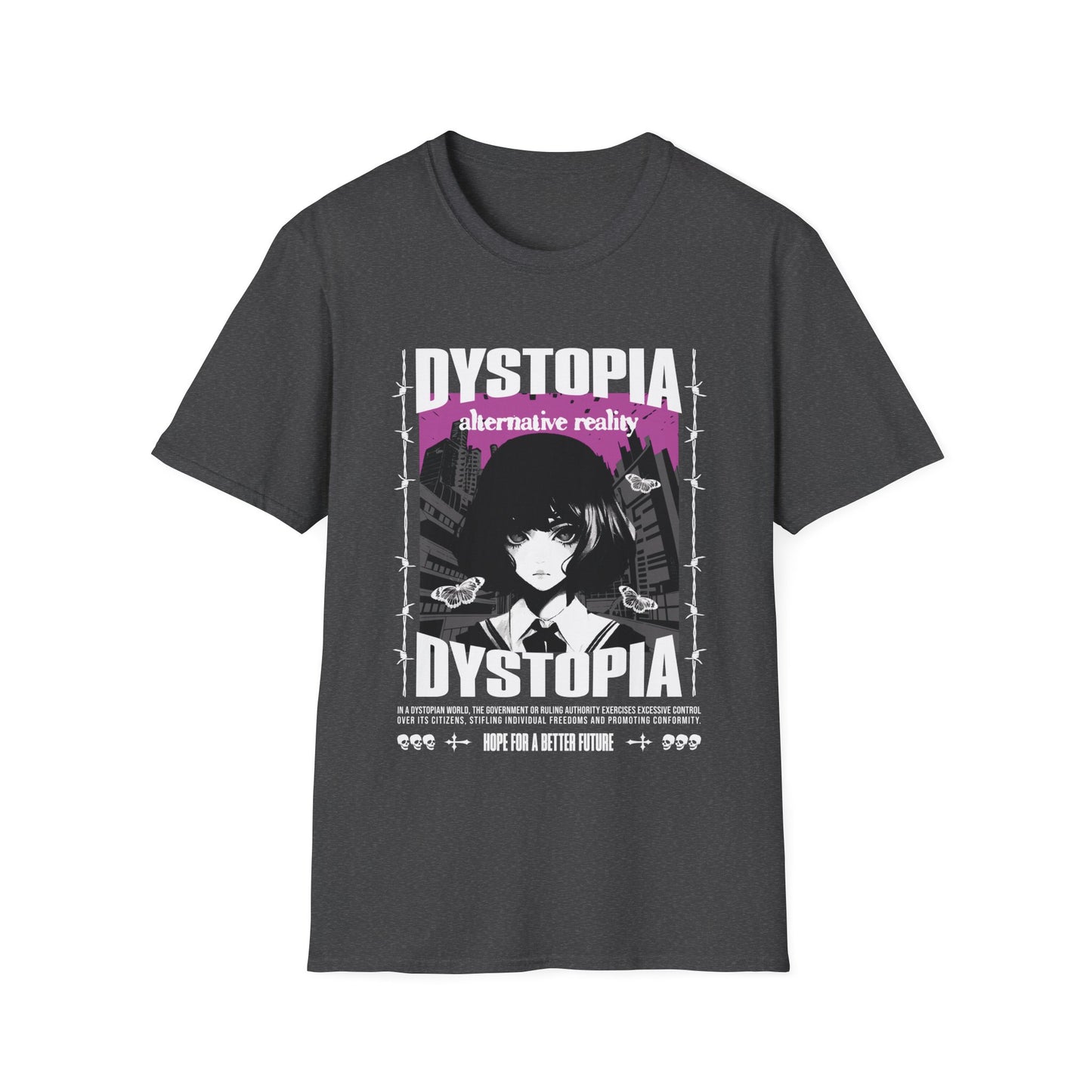 Dark Heather graphic t-shirt with anime image and 'Dystopia' text.