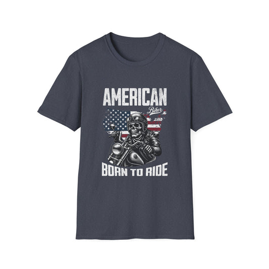 'American Biker' text on a  Skull Rider T-shirt Heather Navy