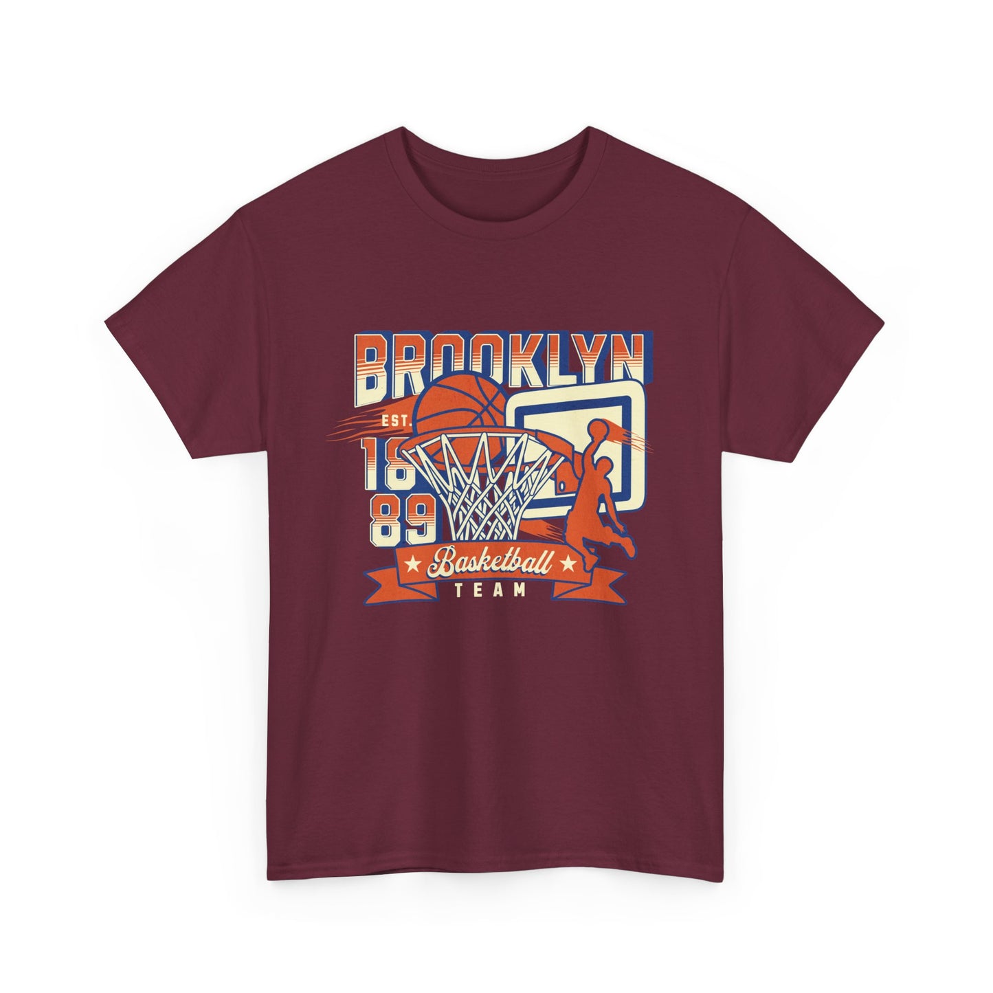 A maroon colored t-shirt with a graphic print that includes a basketball and the text 'Brooklyn Basketball Team' along with the year '1889'.