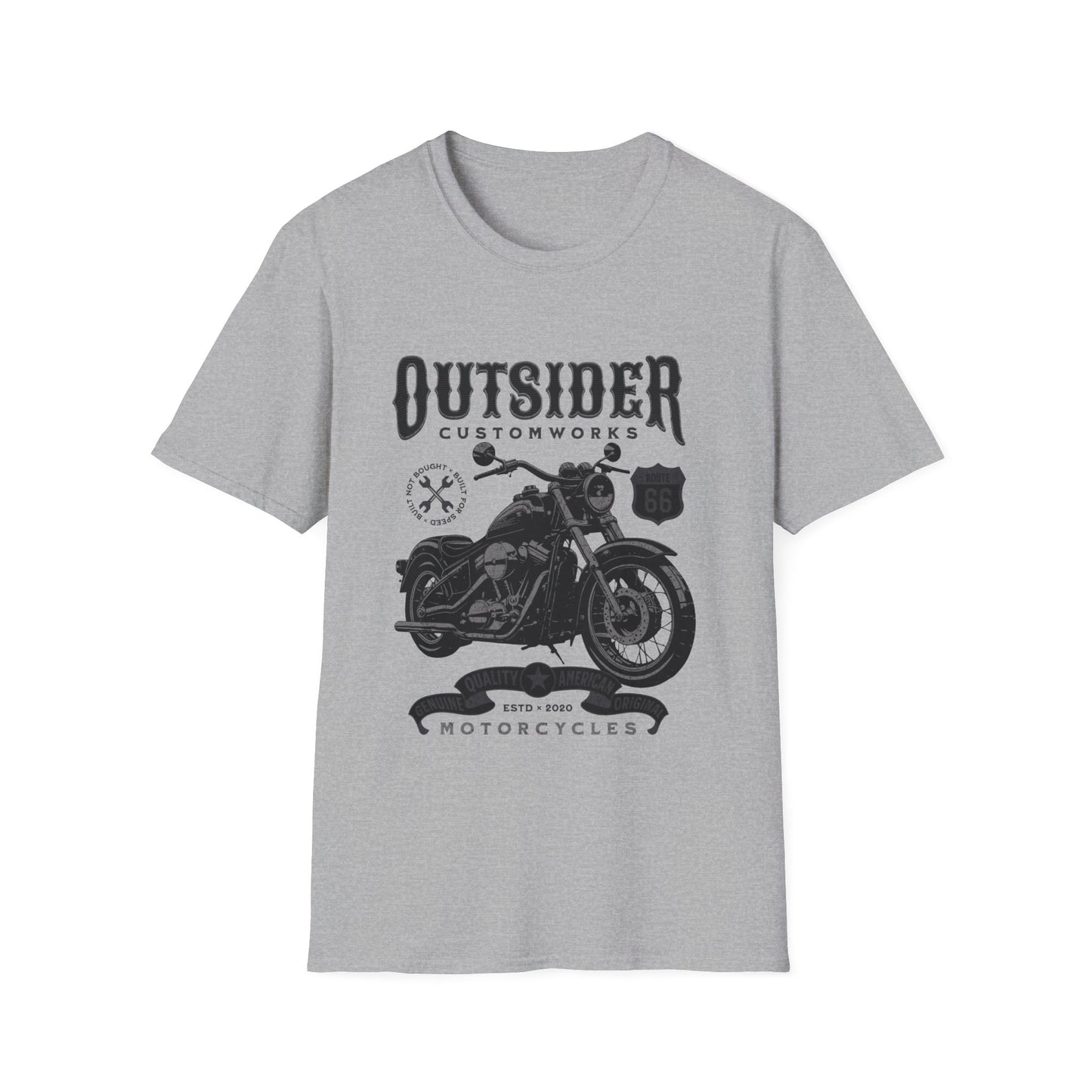 Sport grey -shirt, "Outsider Custom Works" text, motorcycle graphic.