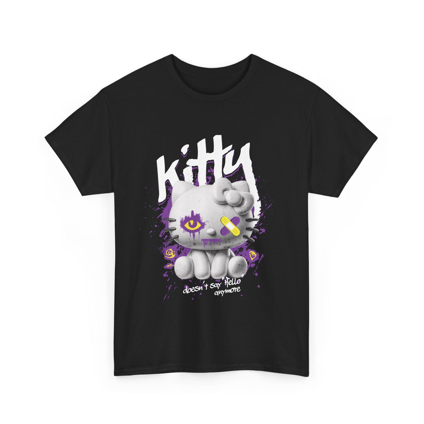 Black graphic t-shirt with a cartoon-style cat character design in purple and pink colors.