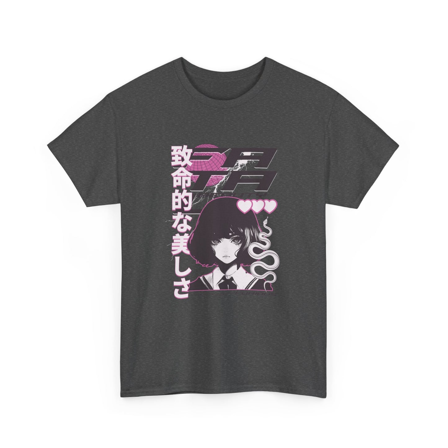 A gray t-shirt with a Japanese anime style graphic and text in Japanese 'Fatal Beauty'.