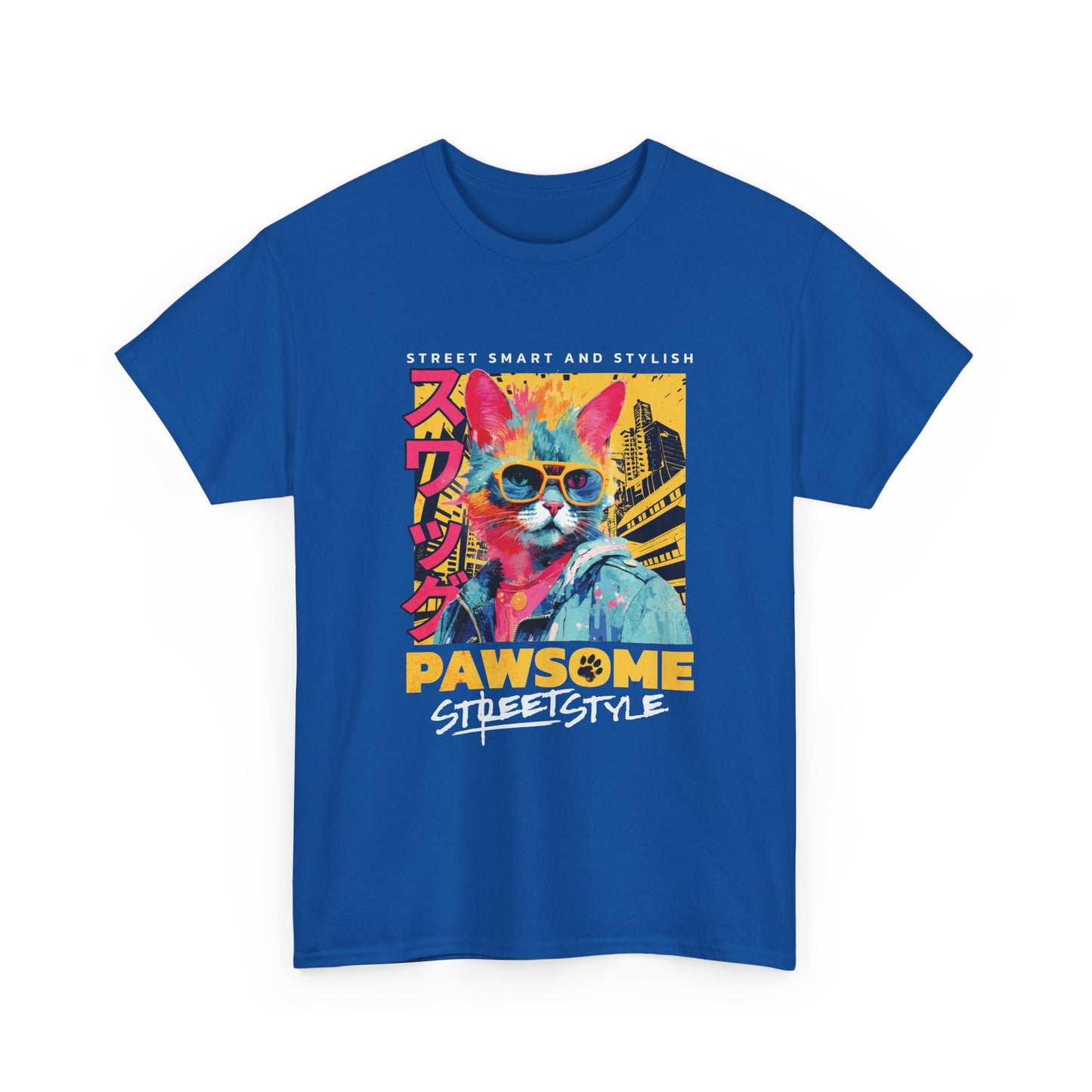 Blue t-shirt with a colorful graphic of a cat wearing sunglasses and text on a white background